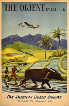 Original Vintage Asia Travel Poster Pan Am The Orient By Clipper Rice Fields