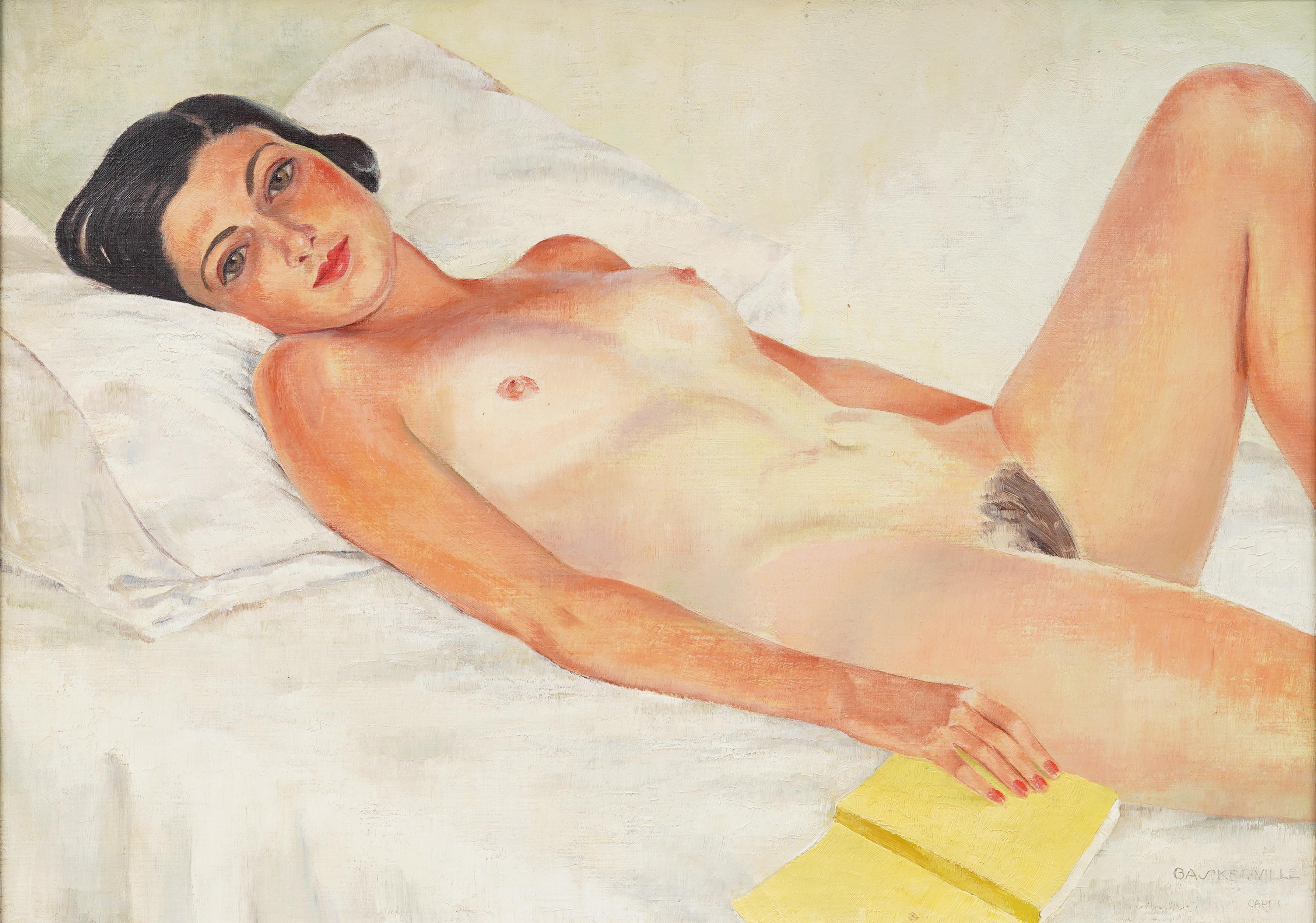 Pintura al óleo con marco, retrato de mujer desnuda, realista americana antigua y firmada - Painting de Charles Baskerville, Jr.