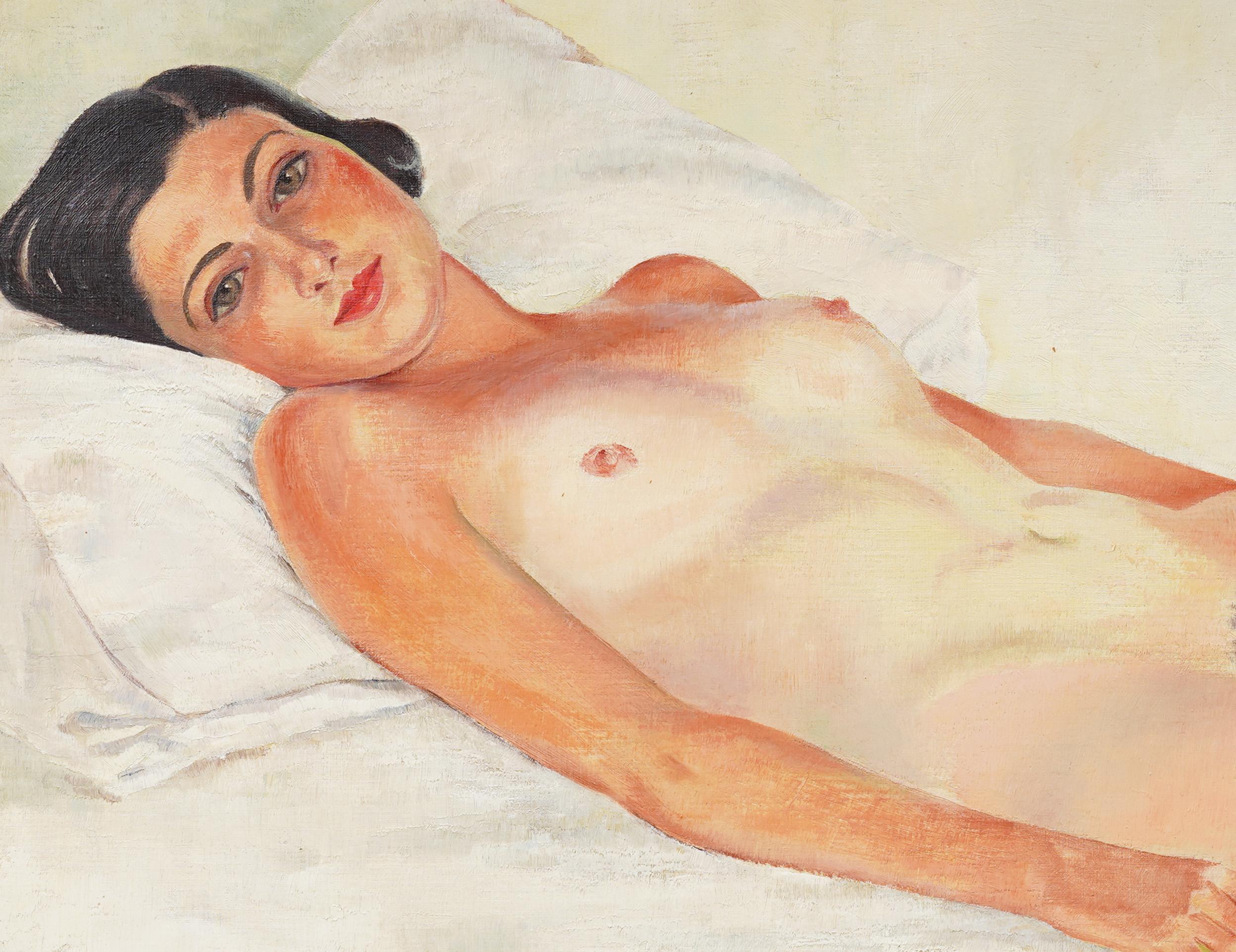 Pintura al óleo con marco, retrato de mujer desnuda, realista americana antigua y firmada - Interior Painting Beige de Charles Baskerville, Jr.