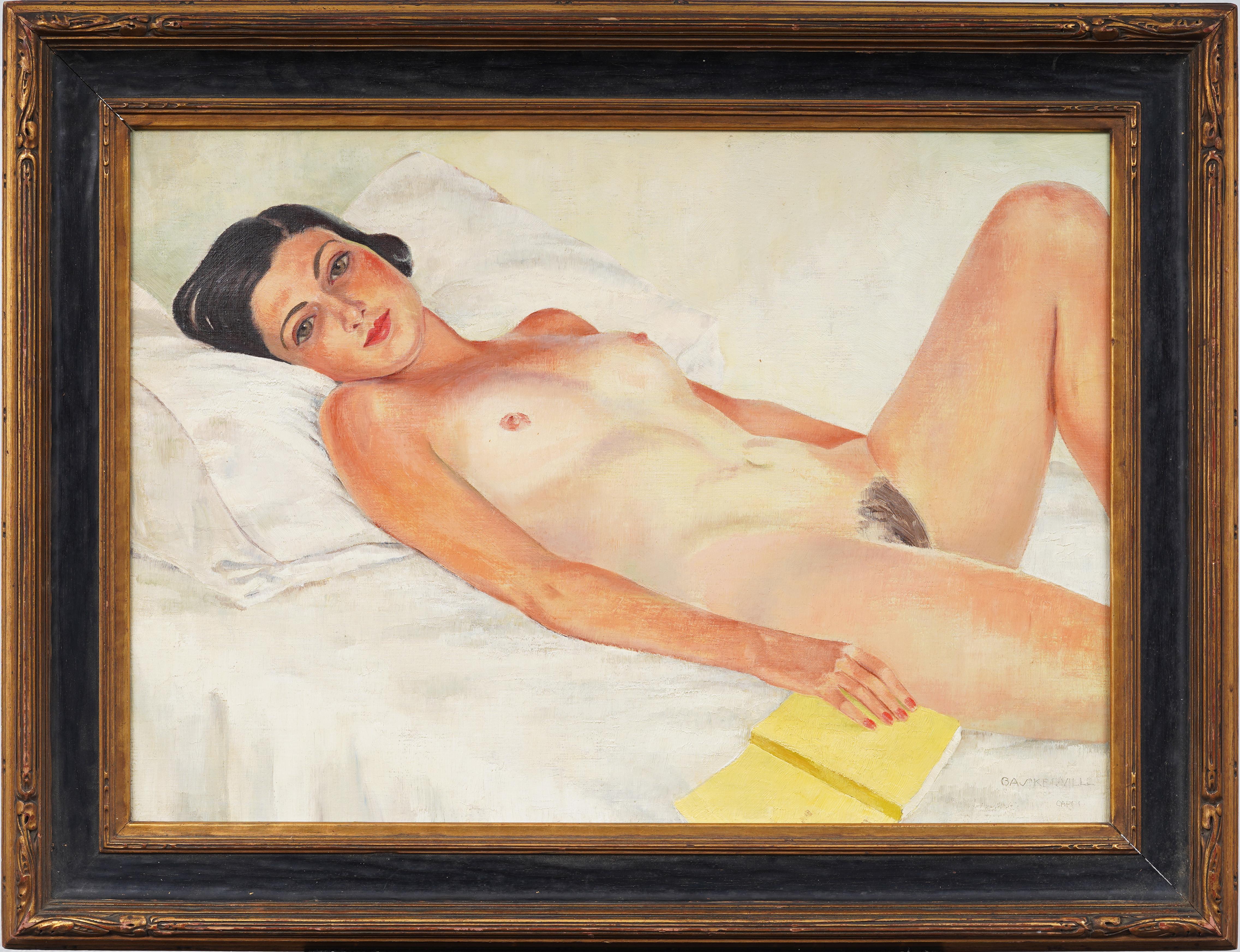 Interior Painting de Charles Baskerville, Jr. - Pintura al óleo con marco, retrato de mujer desnuda, realista americana antigua y firmada