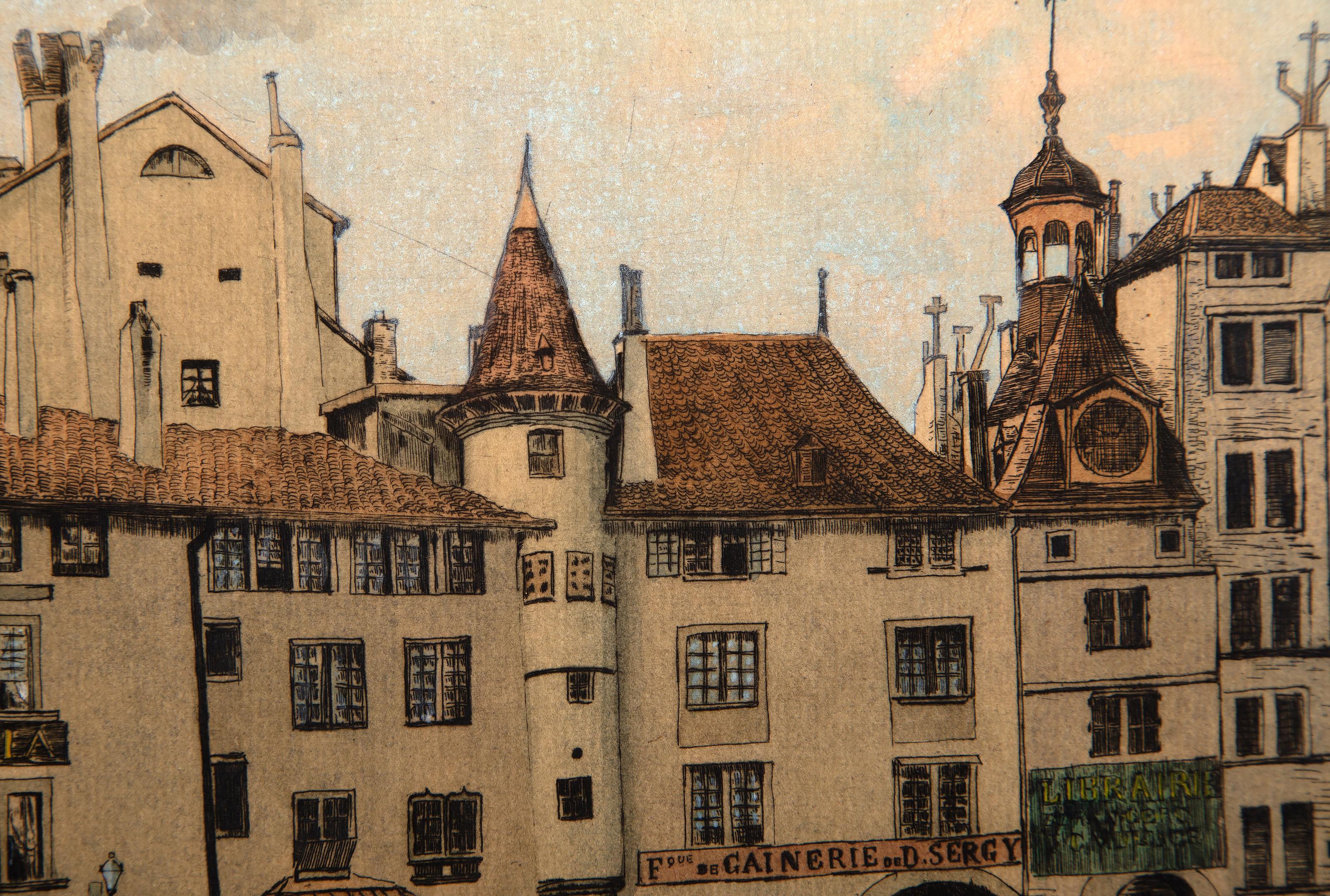 Arcade du Molard, Old Masters Hand colored etching by Charles Bastard For Sale 1