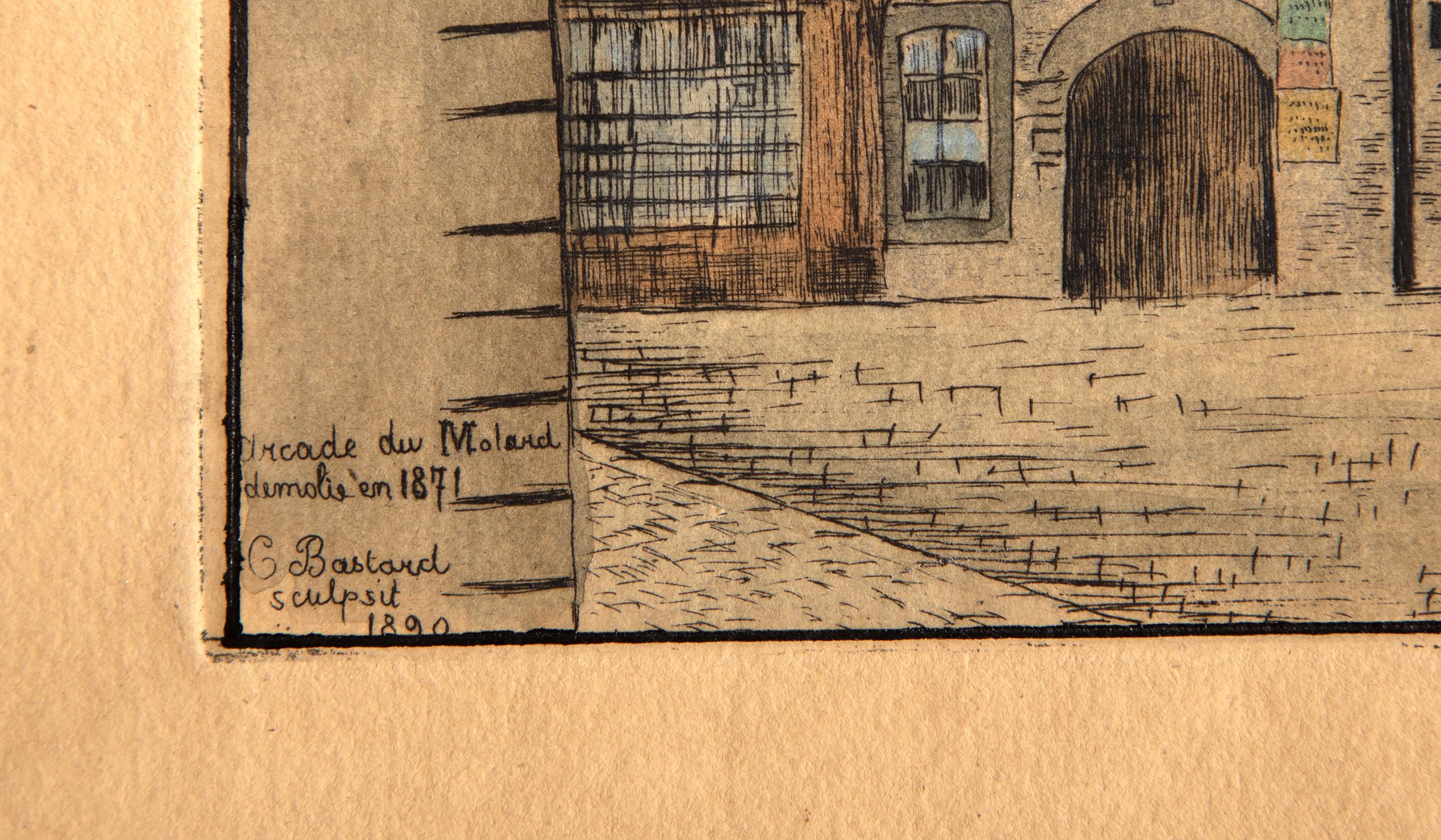 Arcade du Molard, Old Masters Hand colored etching by Charles Bastard For Sale 2