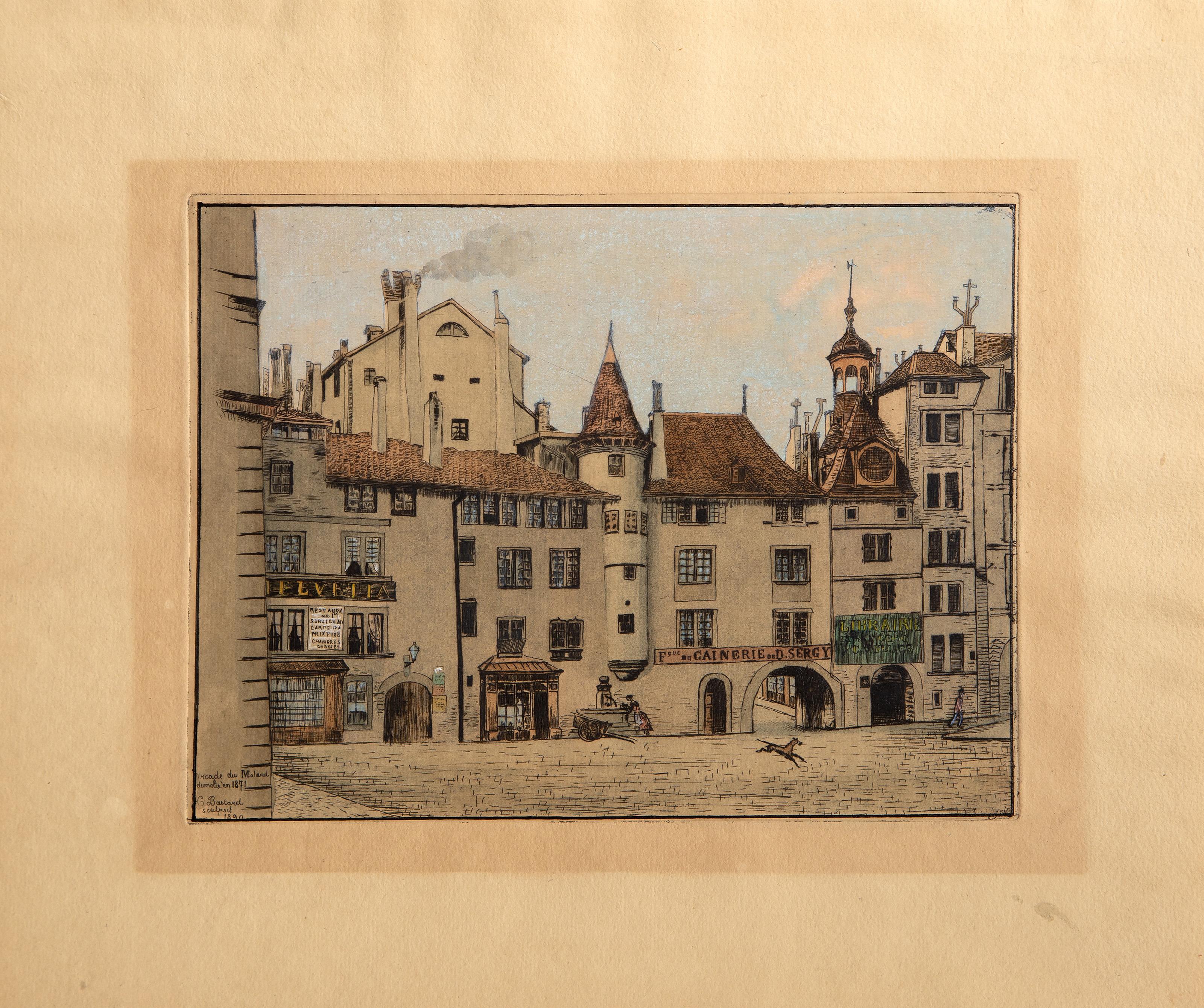 Arcade du Molard, Old Masters Hand colored etching by Charles Bastard For Sale 3