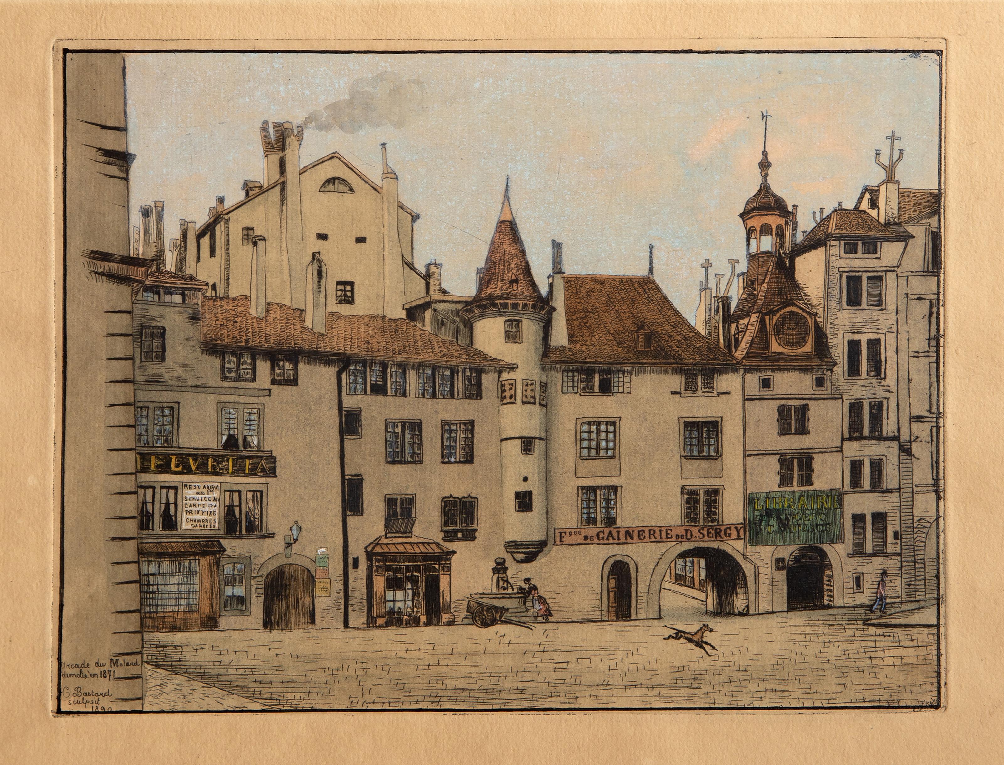  Charles Bastard, Swiss (1854 - 1924) -  Arcade du Molard, Year: 1890, Medium: Hand colored etching on Arches, signed, titled and dated in the plate, Image Size: 6 x 8 inches, Size: 10 x 12.25 in. (25.4 x 31.12 cm) 