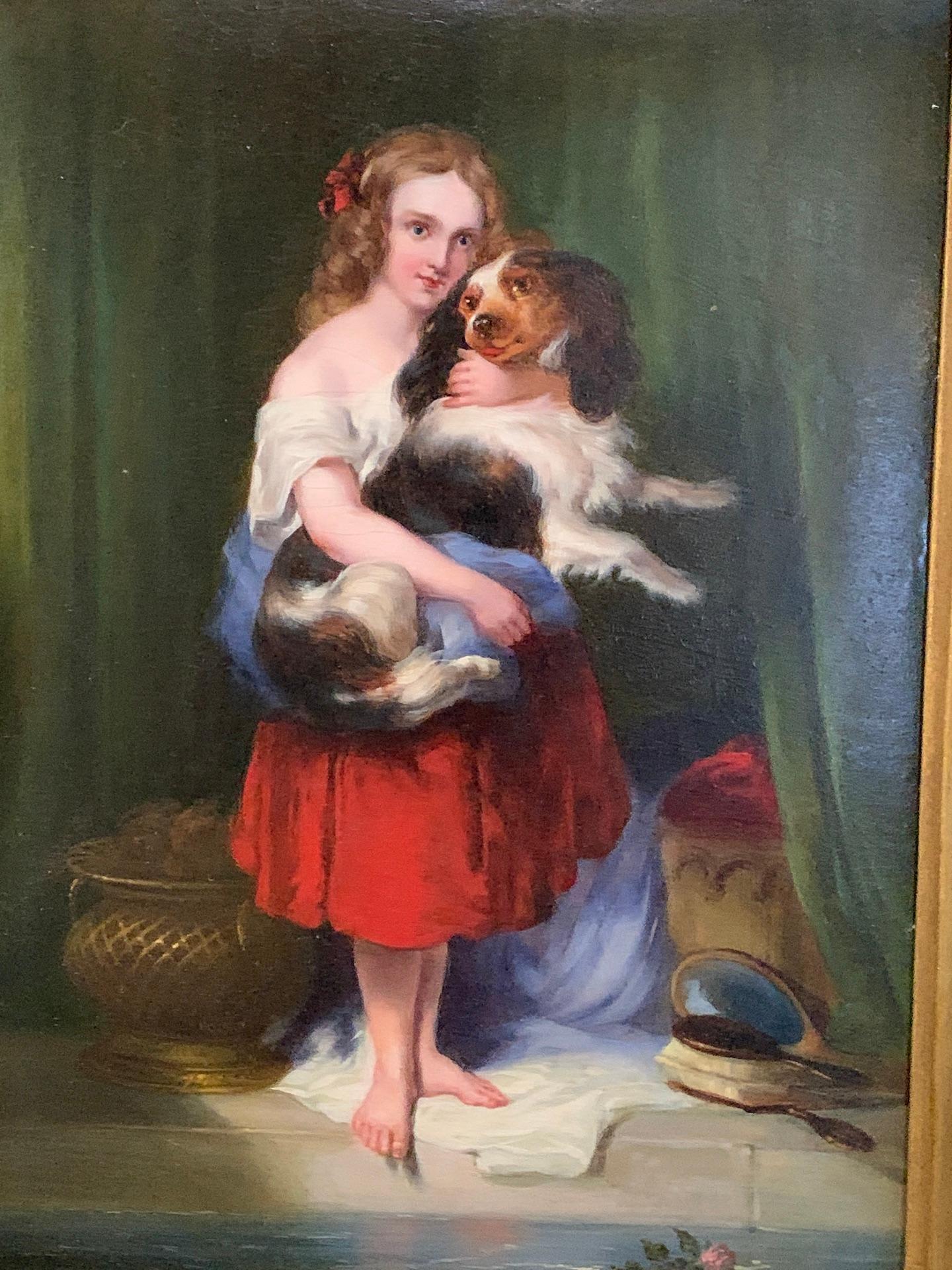 English Victorian Antique 19th century portrait of a young girls and Spaniel - Painting by Charles Baxter