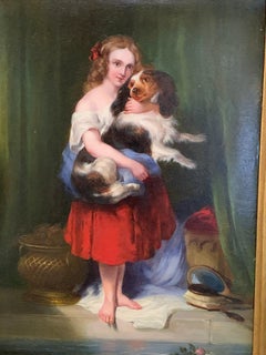 English Victorian Antique 19th century portrait of a young girls and Spaniel