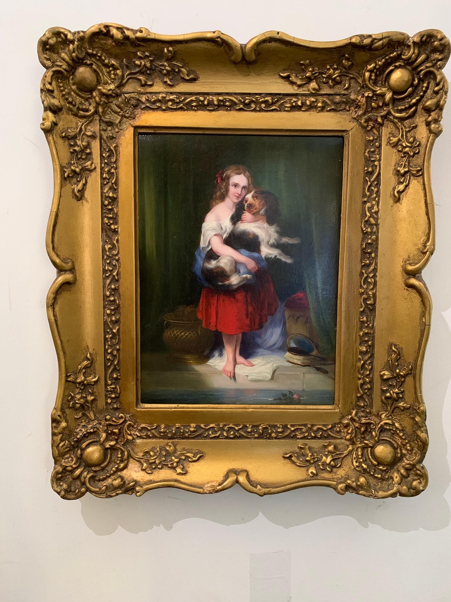 Charles Baxter Portrait Painting - English Victorian Antique 19th century portrait of a young girls and Spaniel