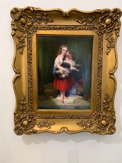 English Victorian Antique 19th century portrait of a young girls and Spaniel