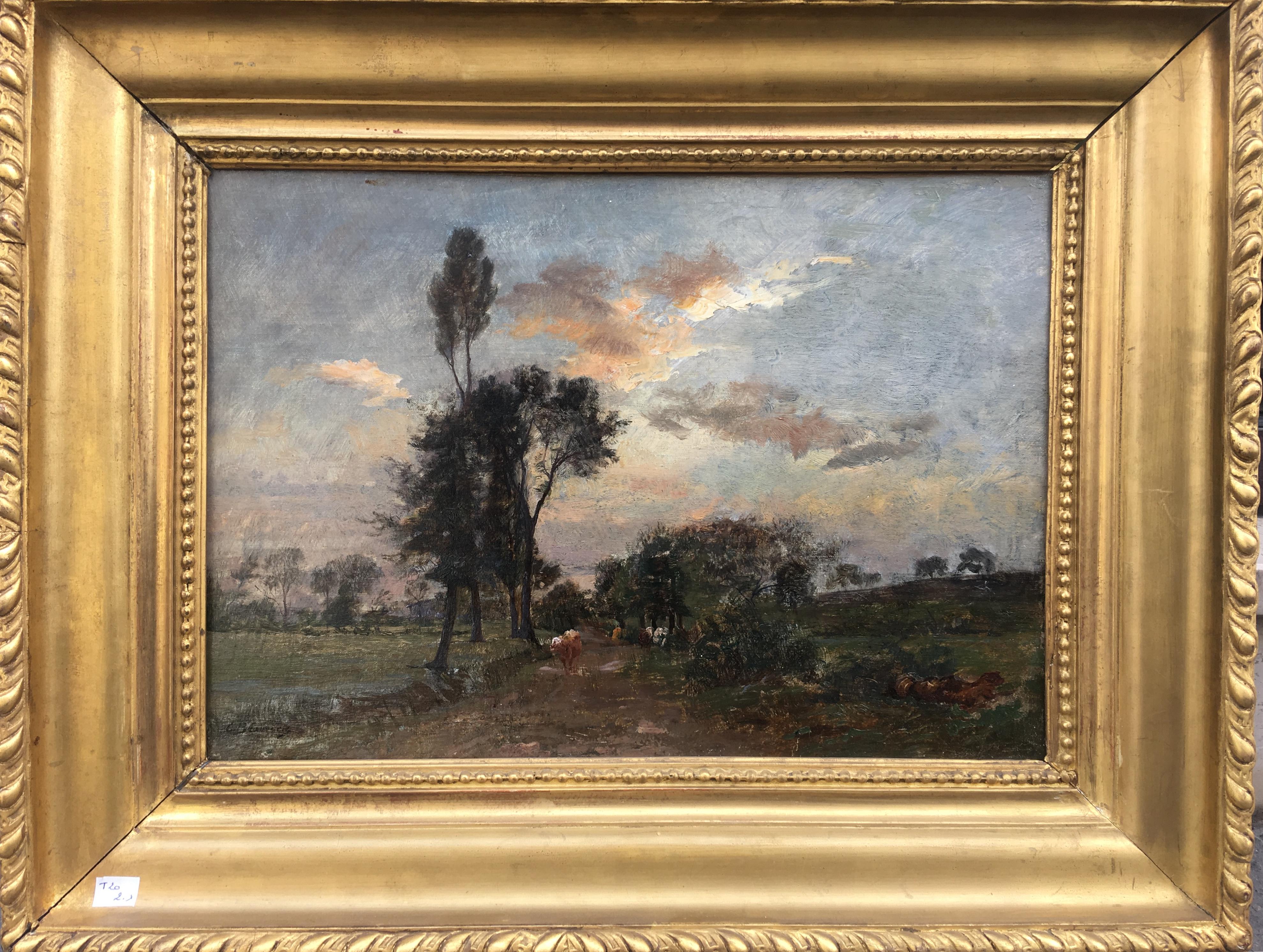Country Lane With Herd, Oil Canvas signed Charles Beauverie, Barbizon circa 1880 1