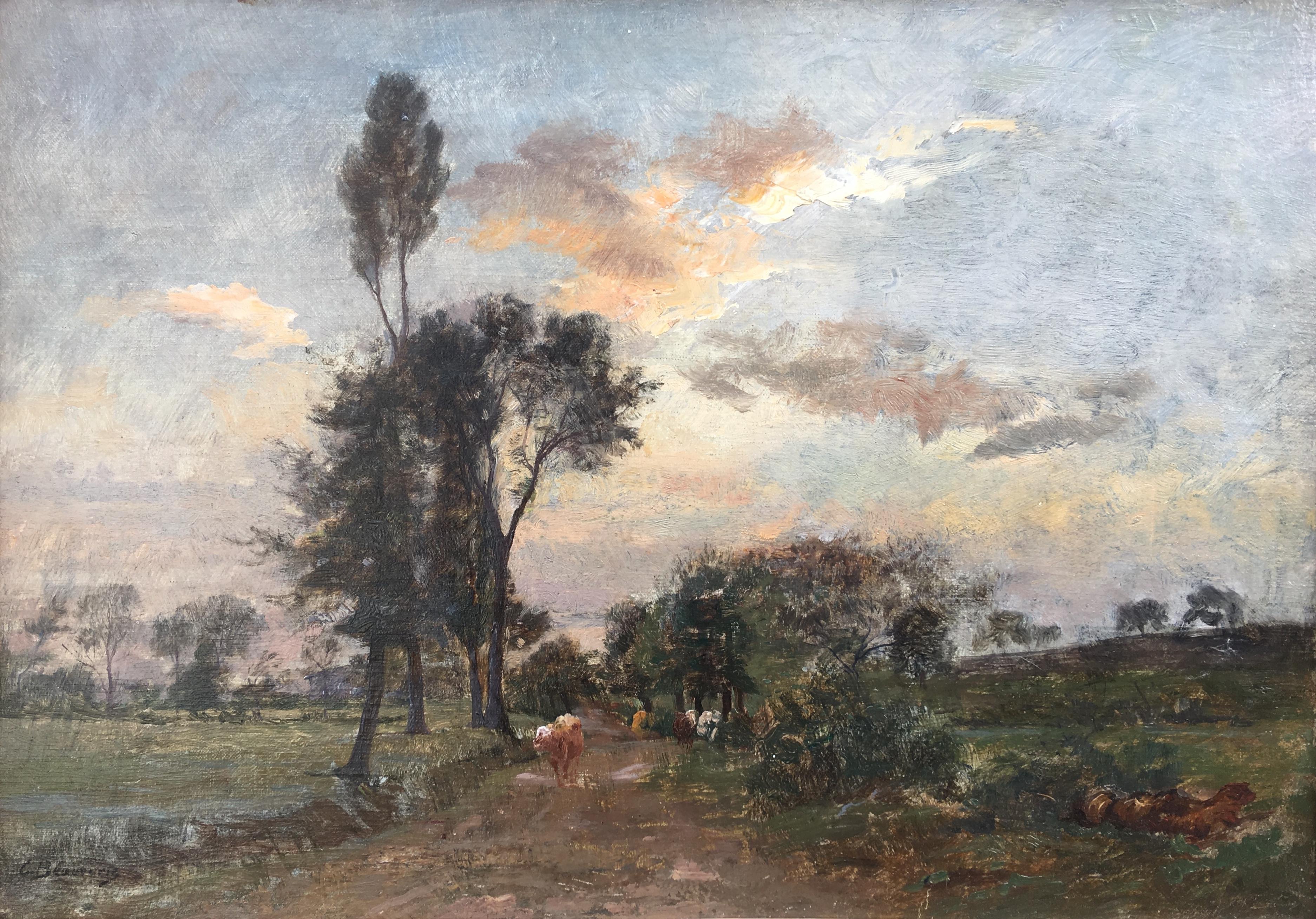 Fine painting, oil on canvas (re-lined ) representing a country lane with a herd.
France, Barbizon school circa 1880-1890

Signed below left Charles Beauverie ( 1839-1923 ).
He was a pupil of the school of the Beaux- Arts of Lyon then Paris. He