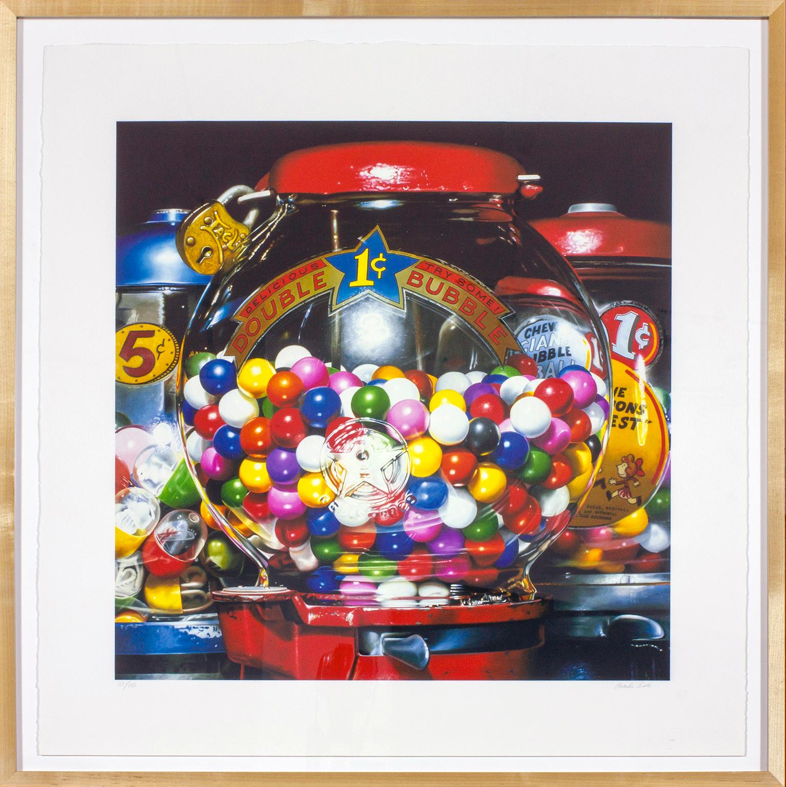 "Double Bubble" Siebdruck eines Kaugummiautomaten des fotorealistischen Malers Charles Bell. Von Hand nummeriert 117/150 in Bleistift in der linken unteren Ecke. Handsigniert Charles Bell in Bleistift in der rechten unteren Ecke. Bildgröße 33 x 28,5