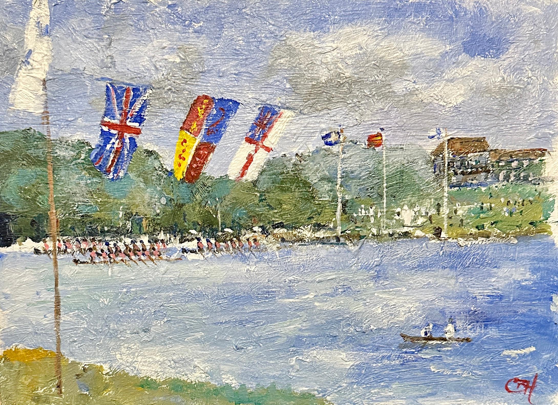 Charles Bertie Hall Landscape Painting - 20th century Modern British , Henley Regatta, Rowing scene on the Thames UK