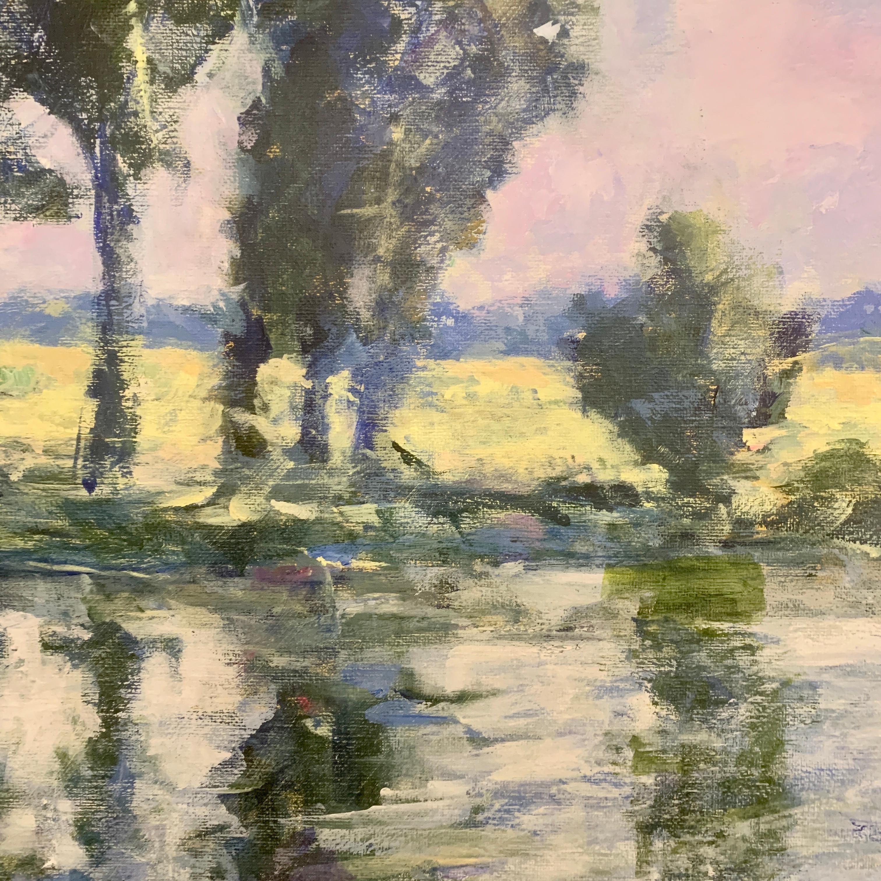 Abstract English Impressionist landscape with sunlight river and trees by a bank - Painting by Charles Bertie Hall