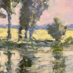 Abstract English Impressionist landscape with sunlight river and trees by a bank