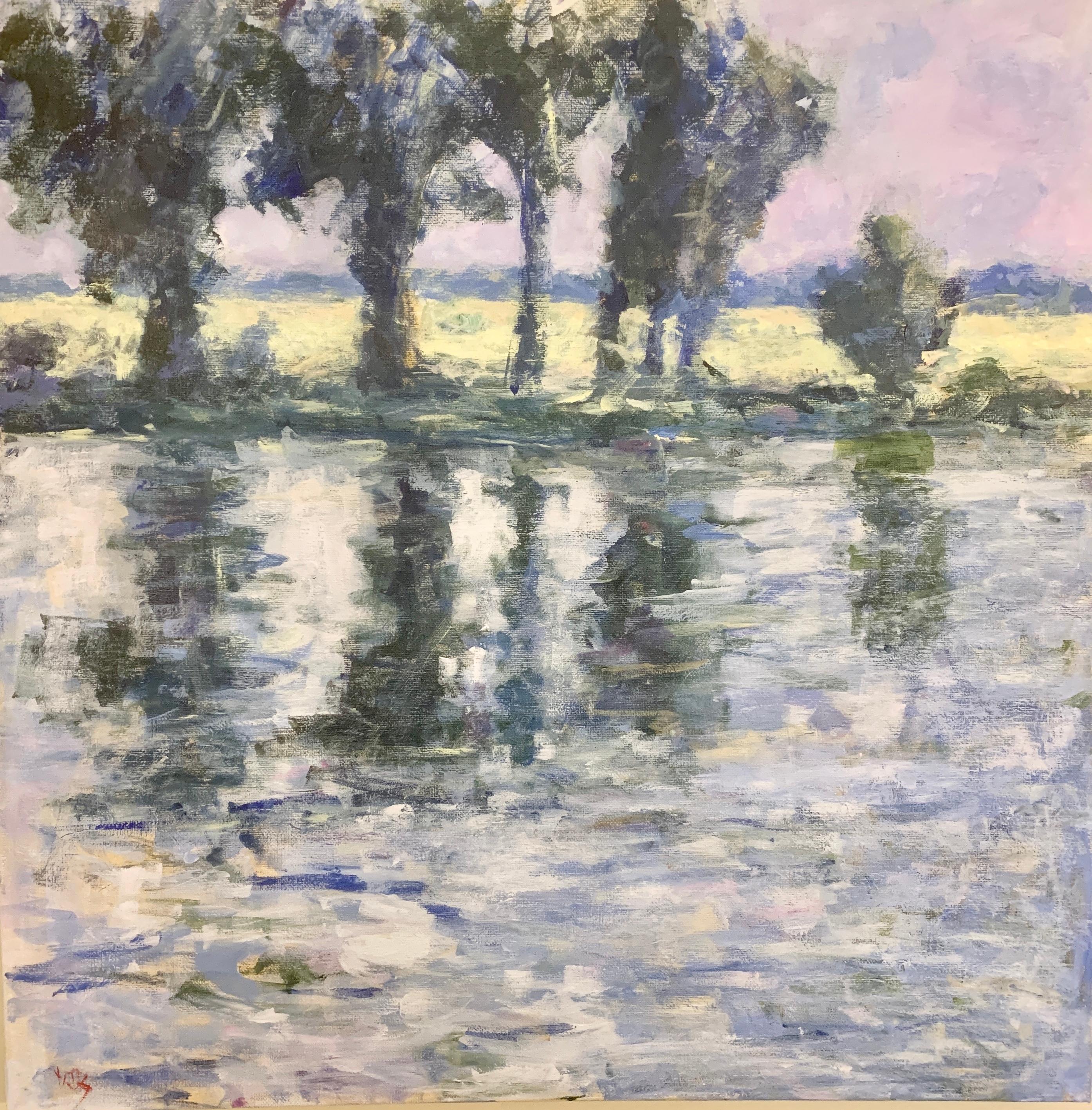 Englische impressionistische Landschaft impressionistischen Stil mit Sonnenlicht Fluss und Bäumen an einer Bucht