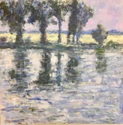 Paesaggio astratto di English Impressionist con fiume e alberi alla luce del sole vicino a una riva
