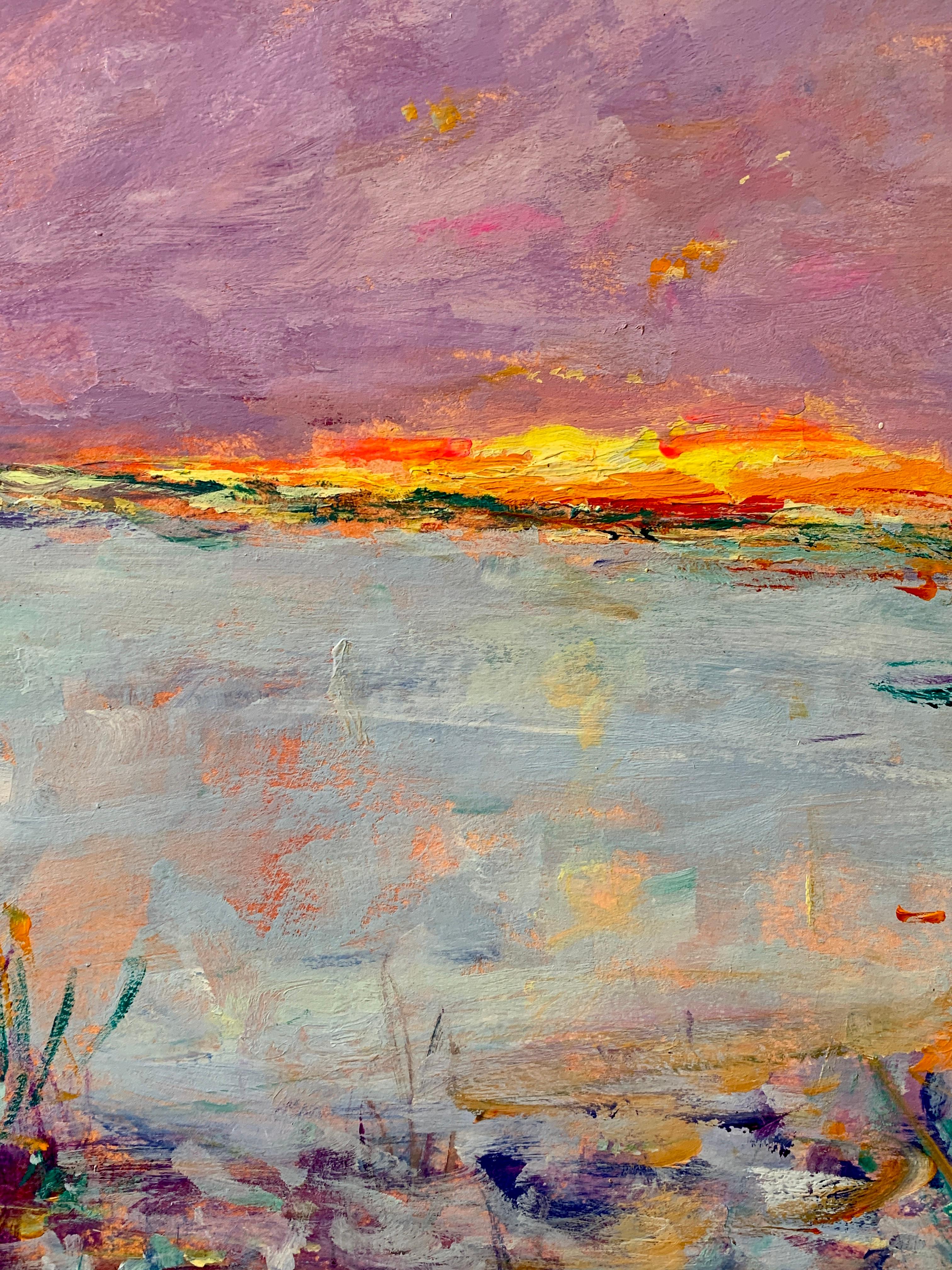 Impressionniste américain/anglais, coucher de soleil au-dessus d'un lac dans le Connecticut - Painting de Charles Bertie Hall