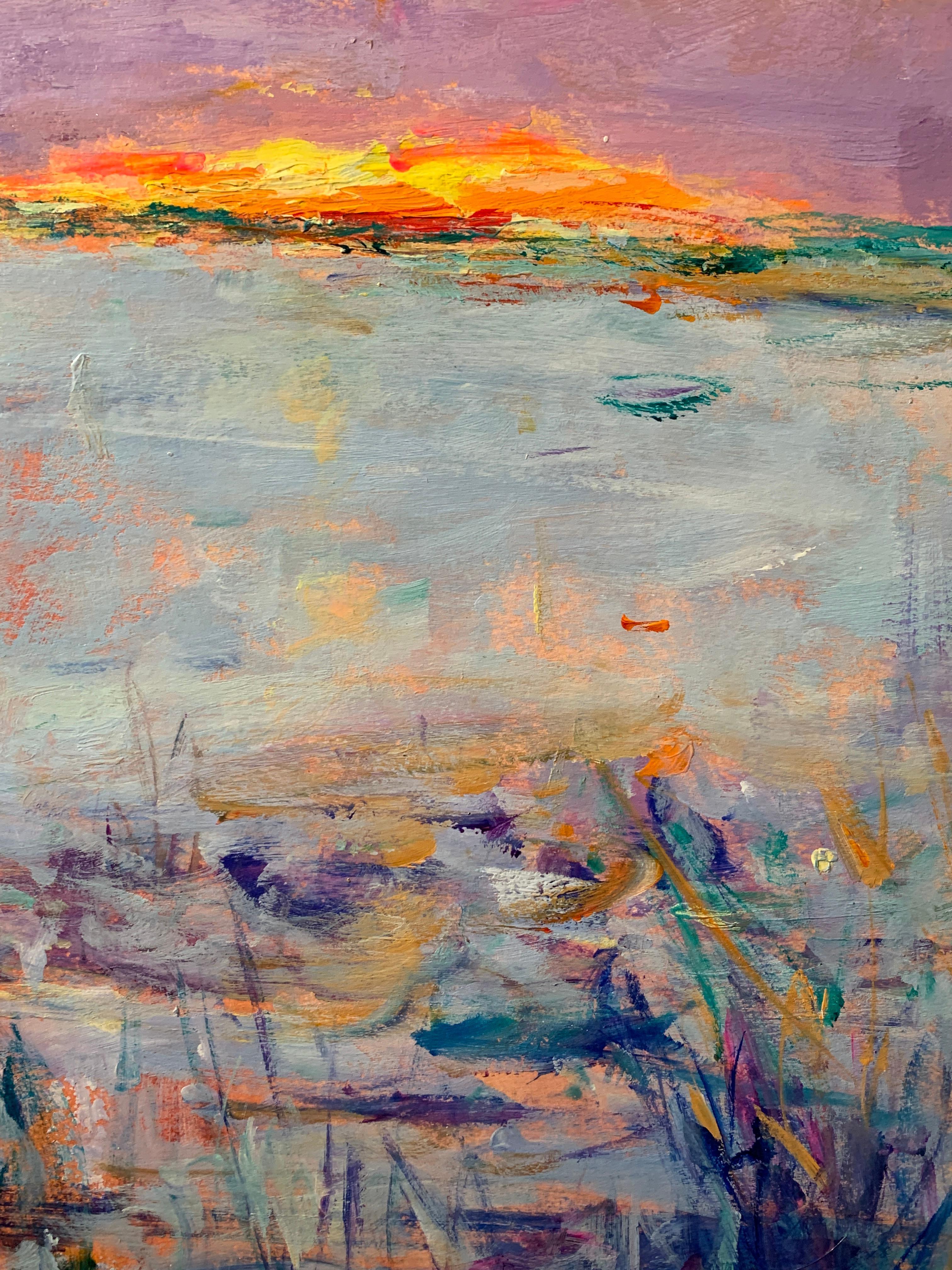 Impressionniste américain/anglais, coucher de soleil au-dessus d'un lac dans le Connecticut - Marron Figurative Painting par Charles Bertie Hall