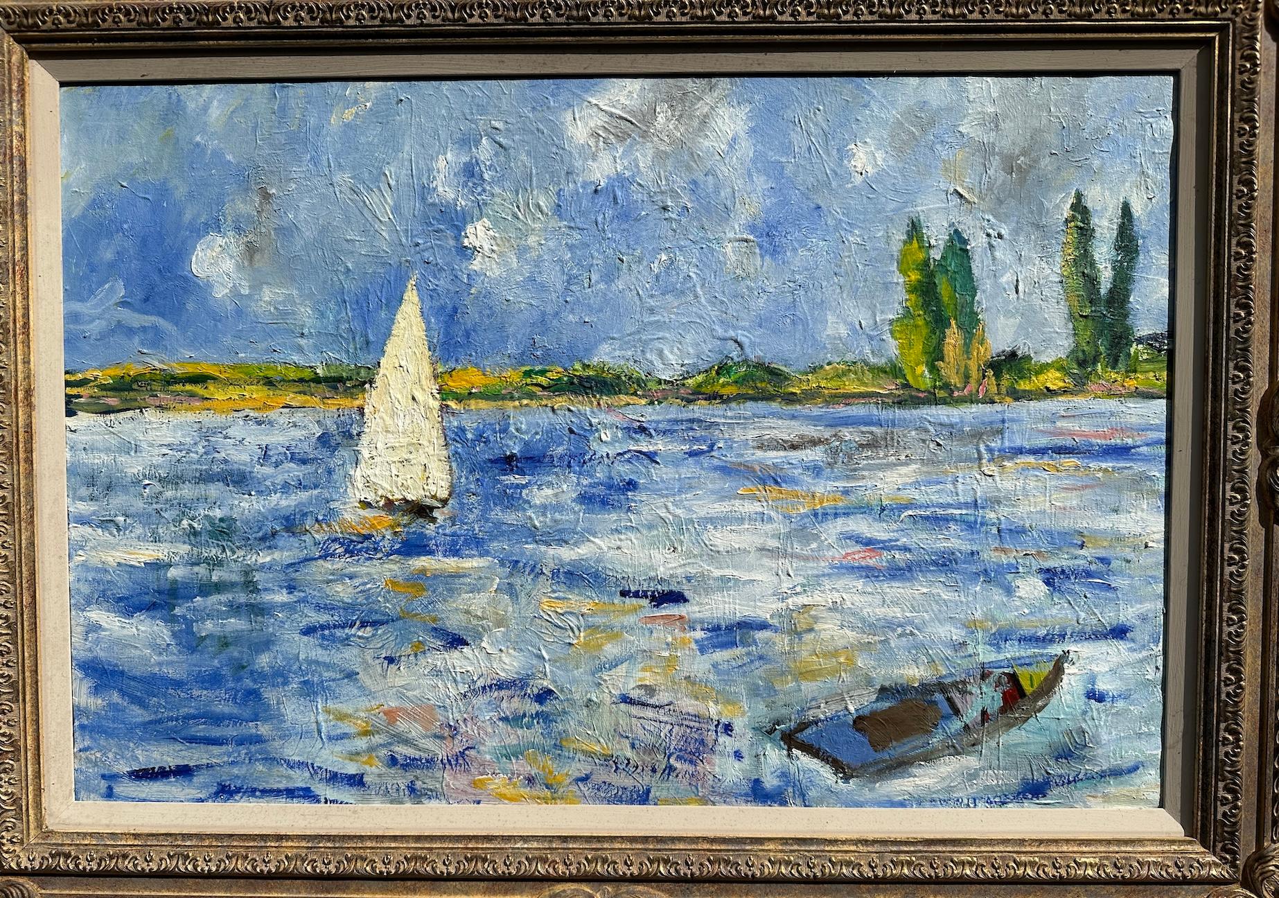 Amerikanisch-impressionistische Szene eines Segelbootes auf einem Fluss in Neuengland – Painting von Charles Bertie Hall