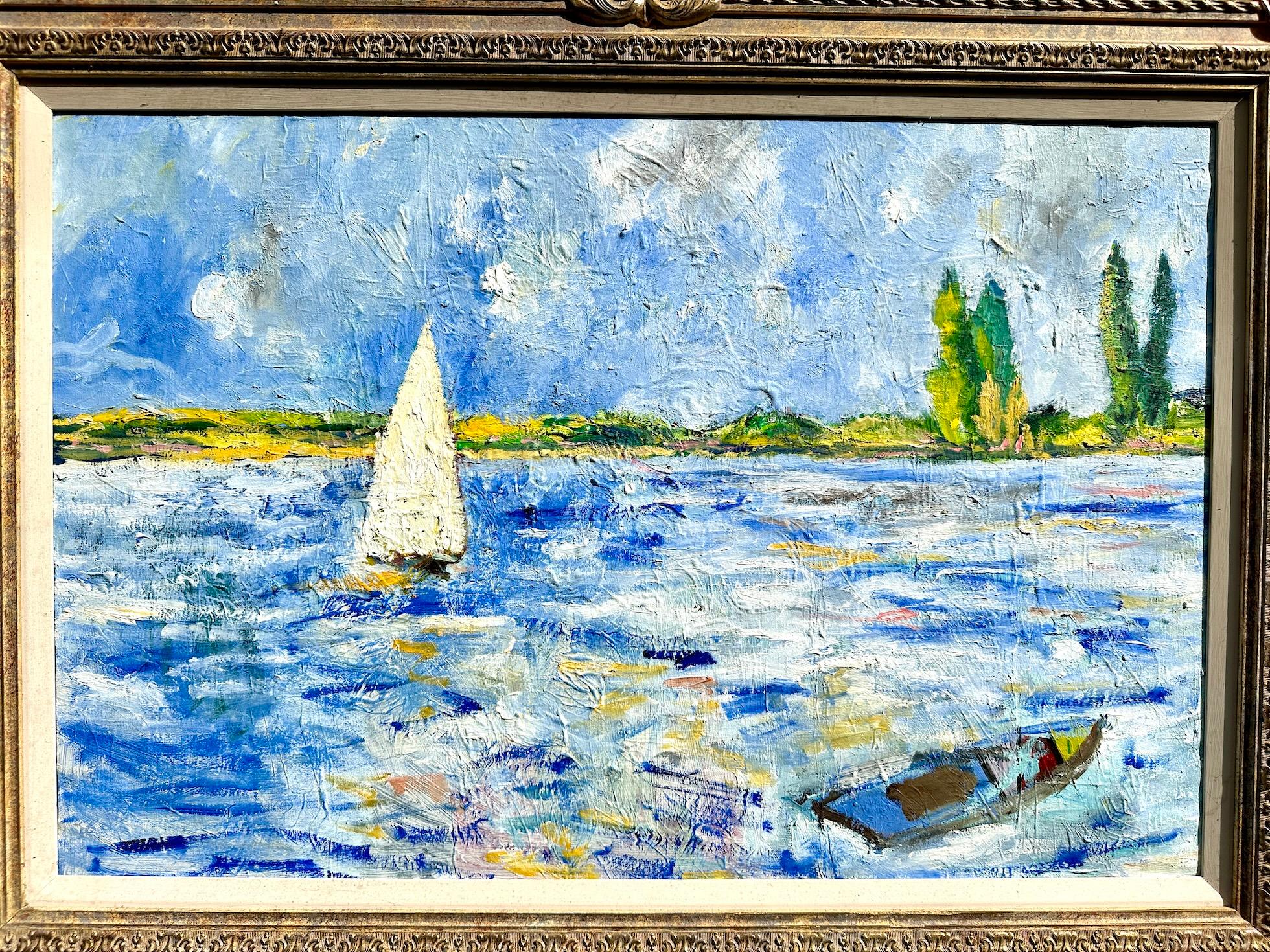 scène impressionniste américaine d'un bateau à voile sur une rivière en Nouvelle-Angleterre - Impressionnisme américain Painting par Charles Bertie Hall