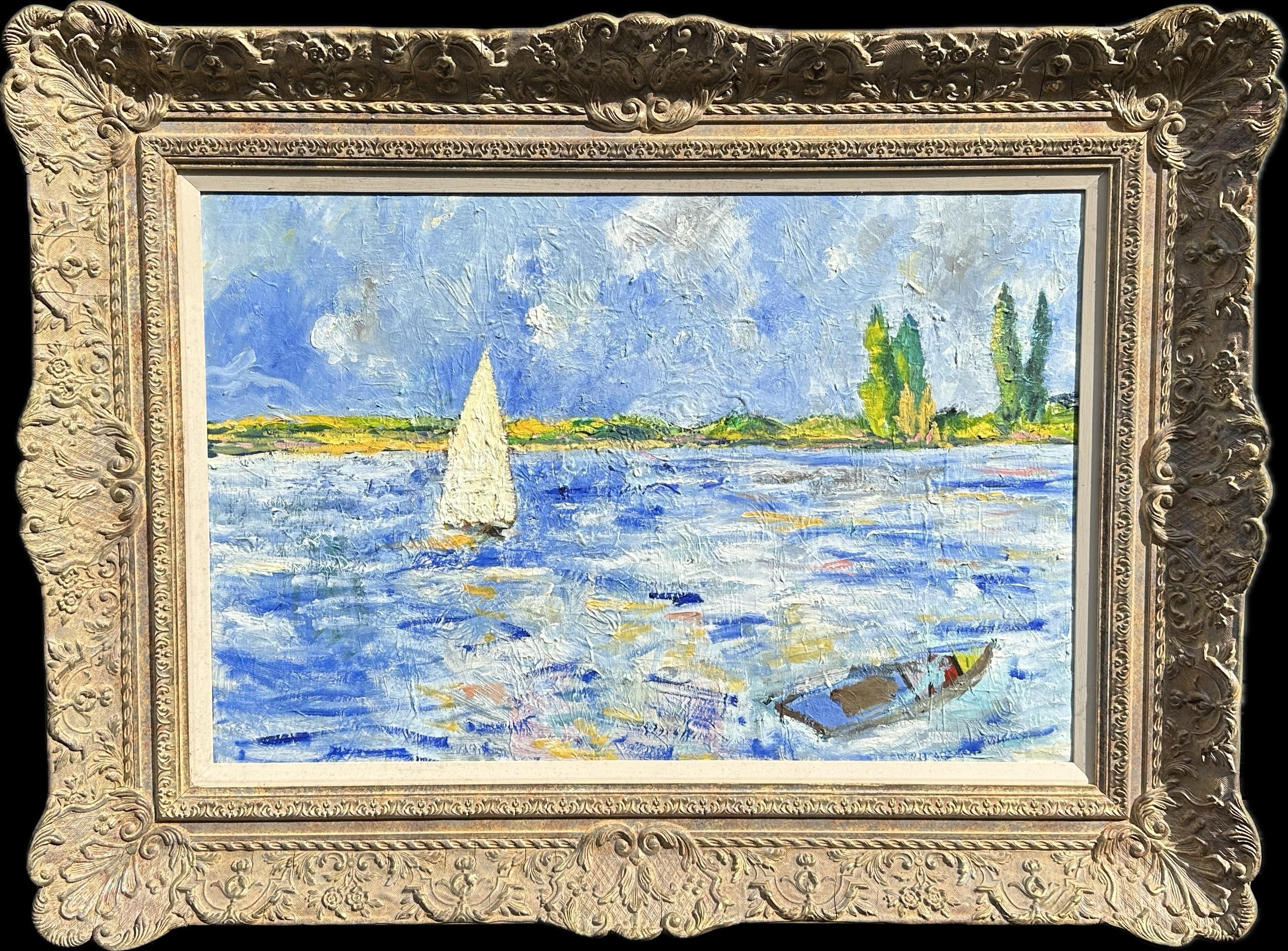 Amerikanisch-impressionistische Szene eines Segelbootes auf einem Fluss in Neuengland