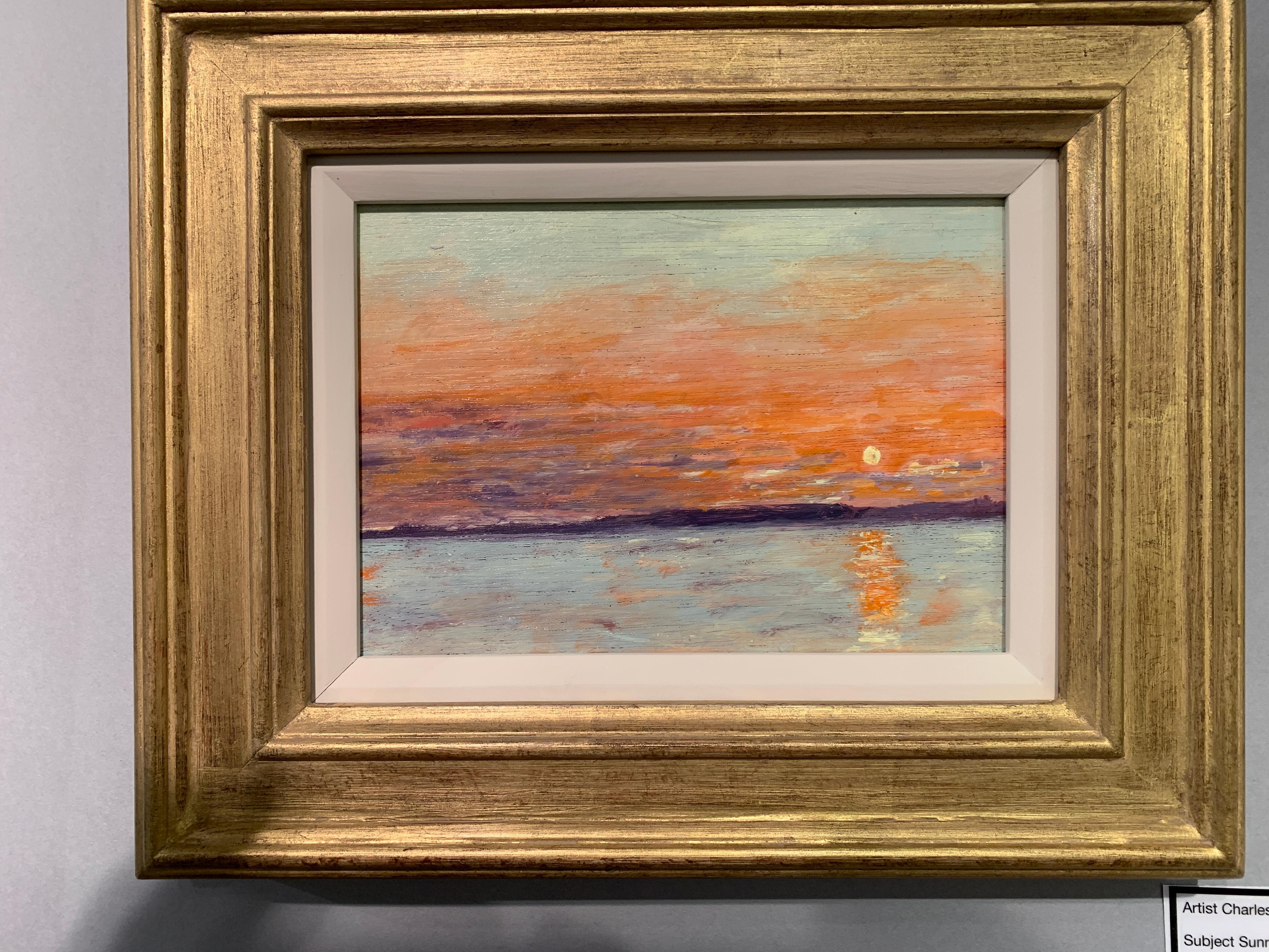 Wonderful American Impressionist painting depicting a setting sun over the ocean off the coast of Nantucket.
Hall painted scenes all over England , Europe, and America in a traditional impressionist manner. He exhibited in London and many of his