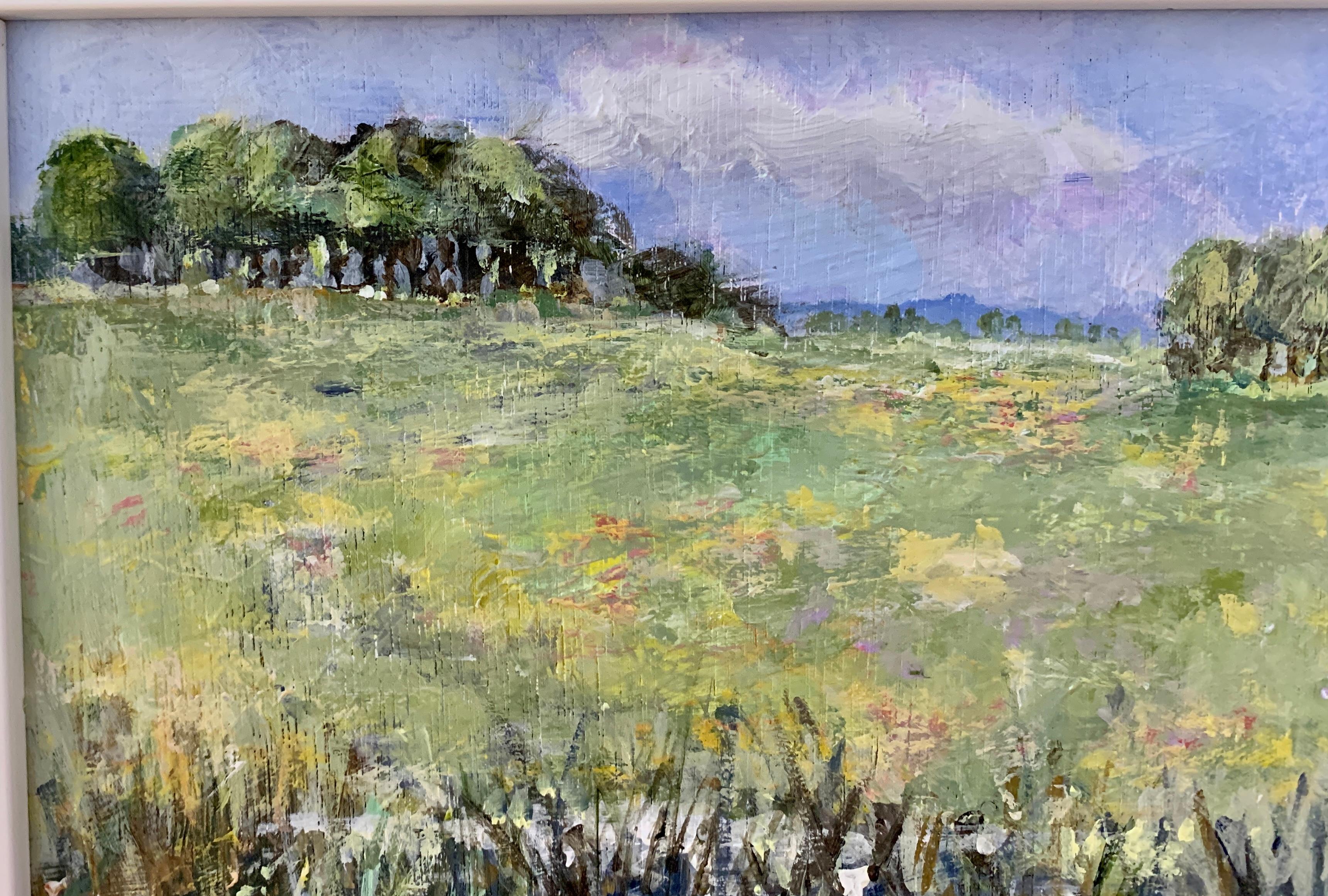 American Impressionist sketch of  a English landscape with wild flower meadow - Brown Figurative Painting by Charles Bertie Hall