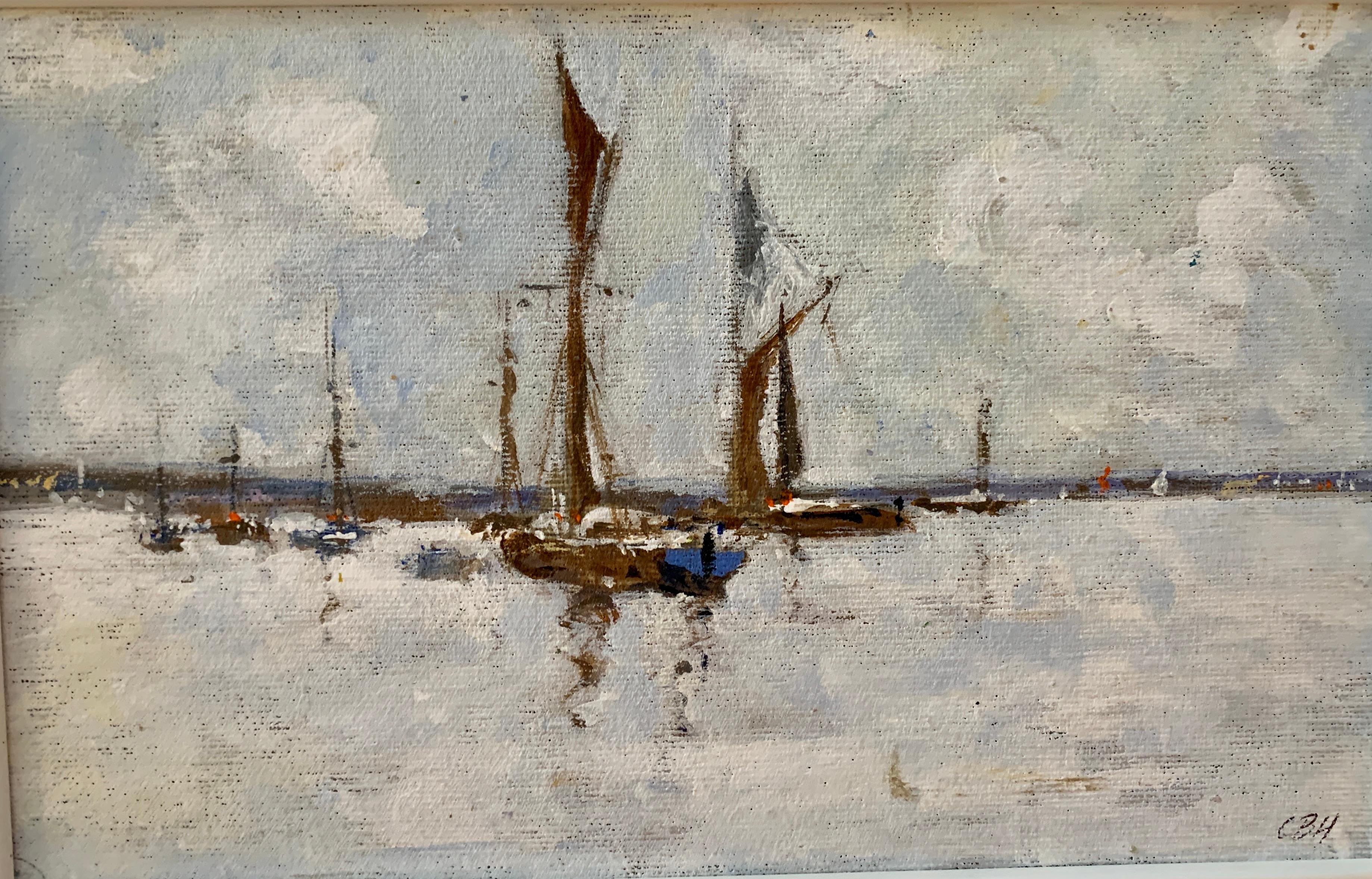 Boceto impresionista americano de un yate americano amarrado en un puerto , CT o MA - Painting de Charles Bertie Hall