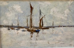 American Impressionist sketch of an American Yacht moored in a harbor , CT or MA