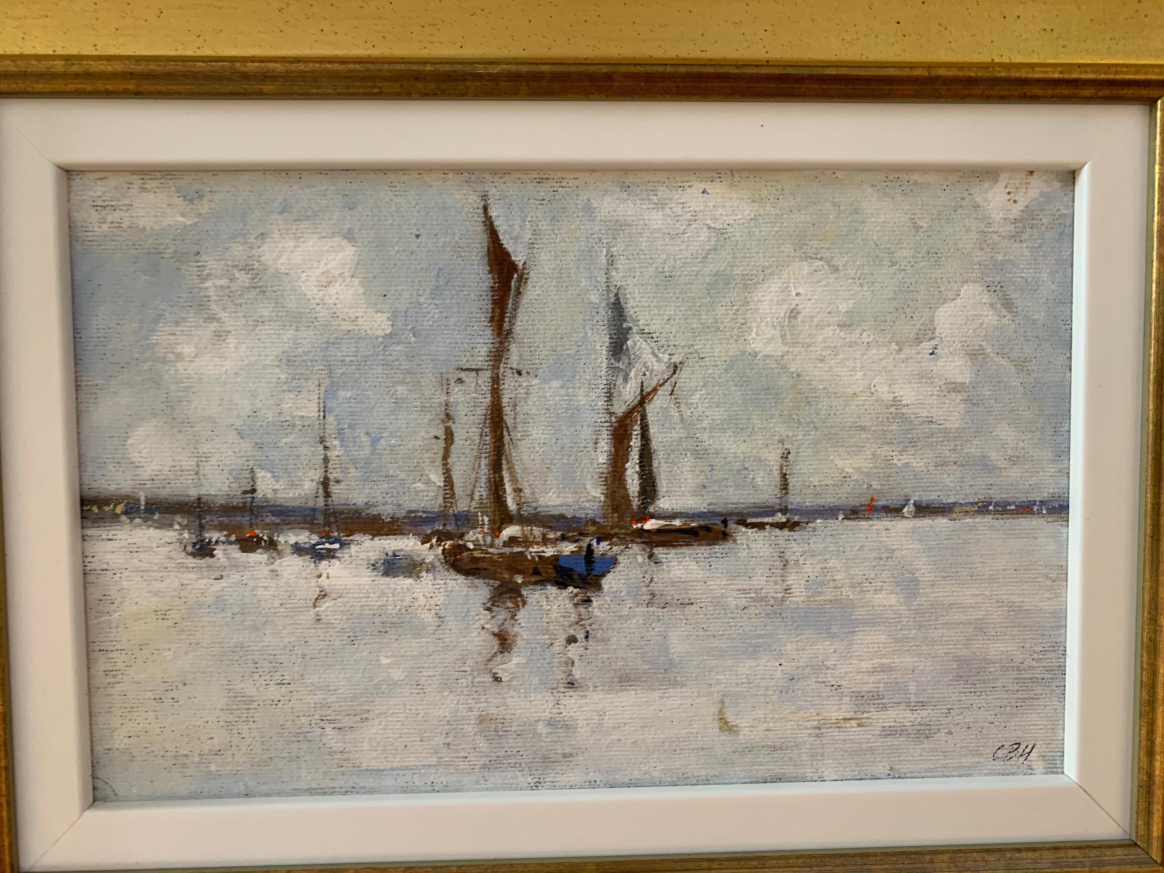 Boceto impresionista americano de un yate americano amarrado en un puerto , CT o MA - Painting Impresionista de Charles Bertie Hall