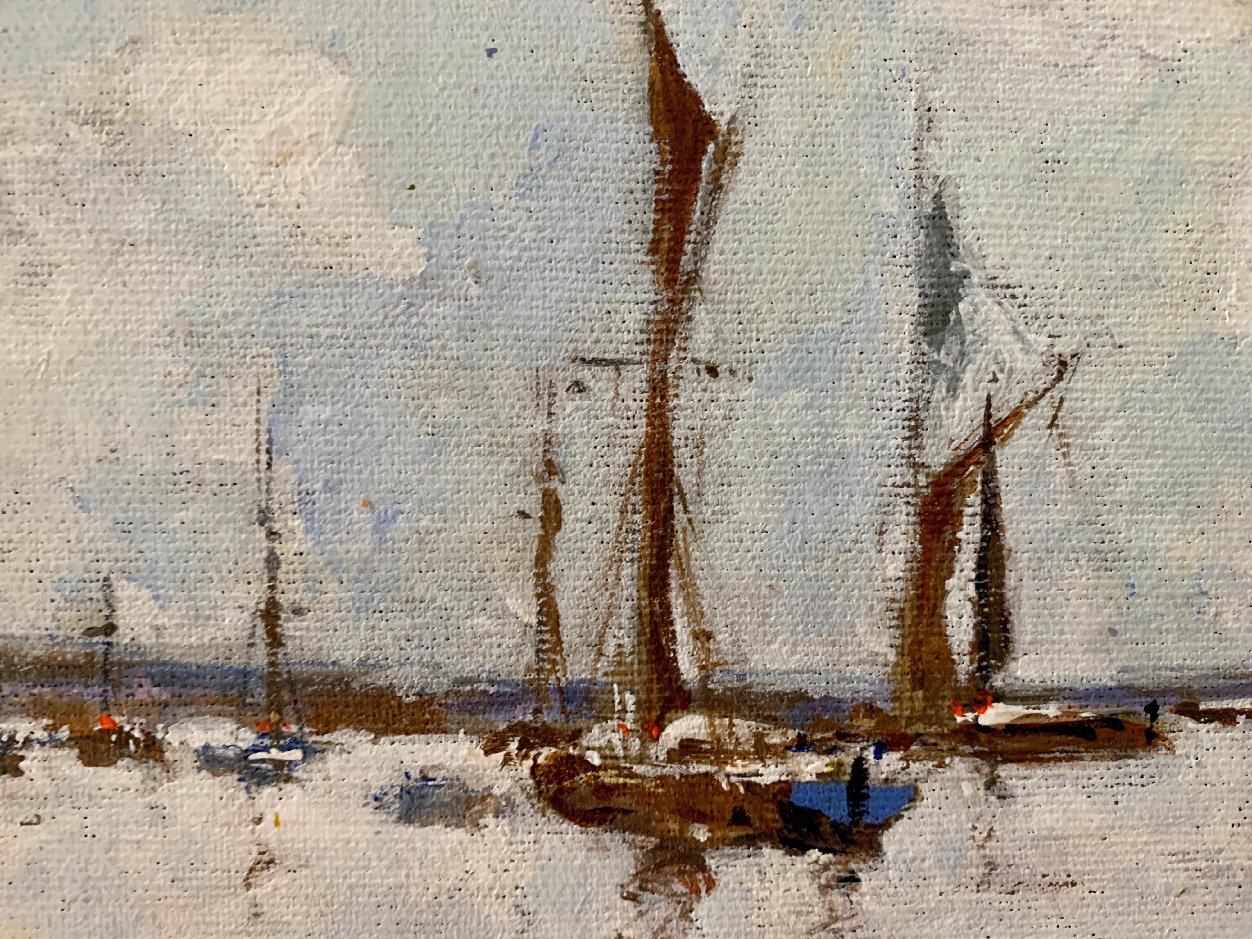 American Impressionist sketch of an American Yacht moored in a harbor , CT or MA - Brown Figurative Painting by Charles Bertie Hall