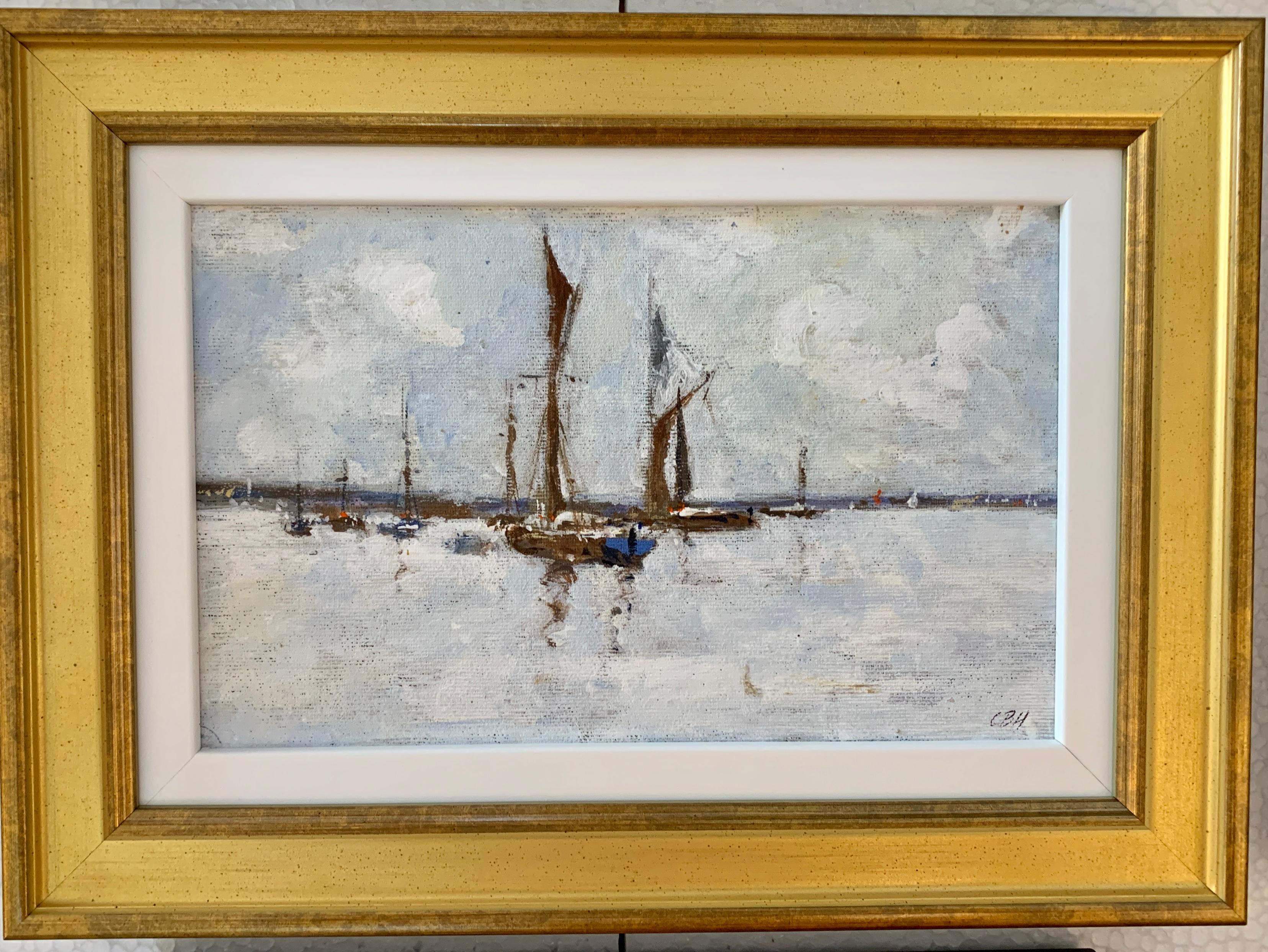 Charles Bertie Hall Figurative Painting - American Impressionist sketch of an American Yacht moored in a harbor , CT or MA