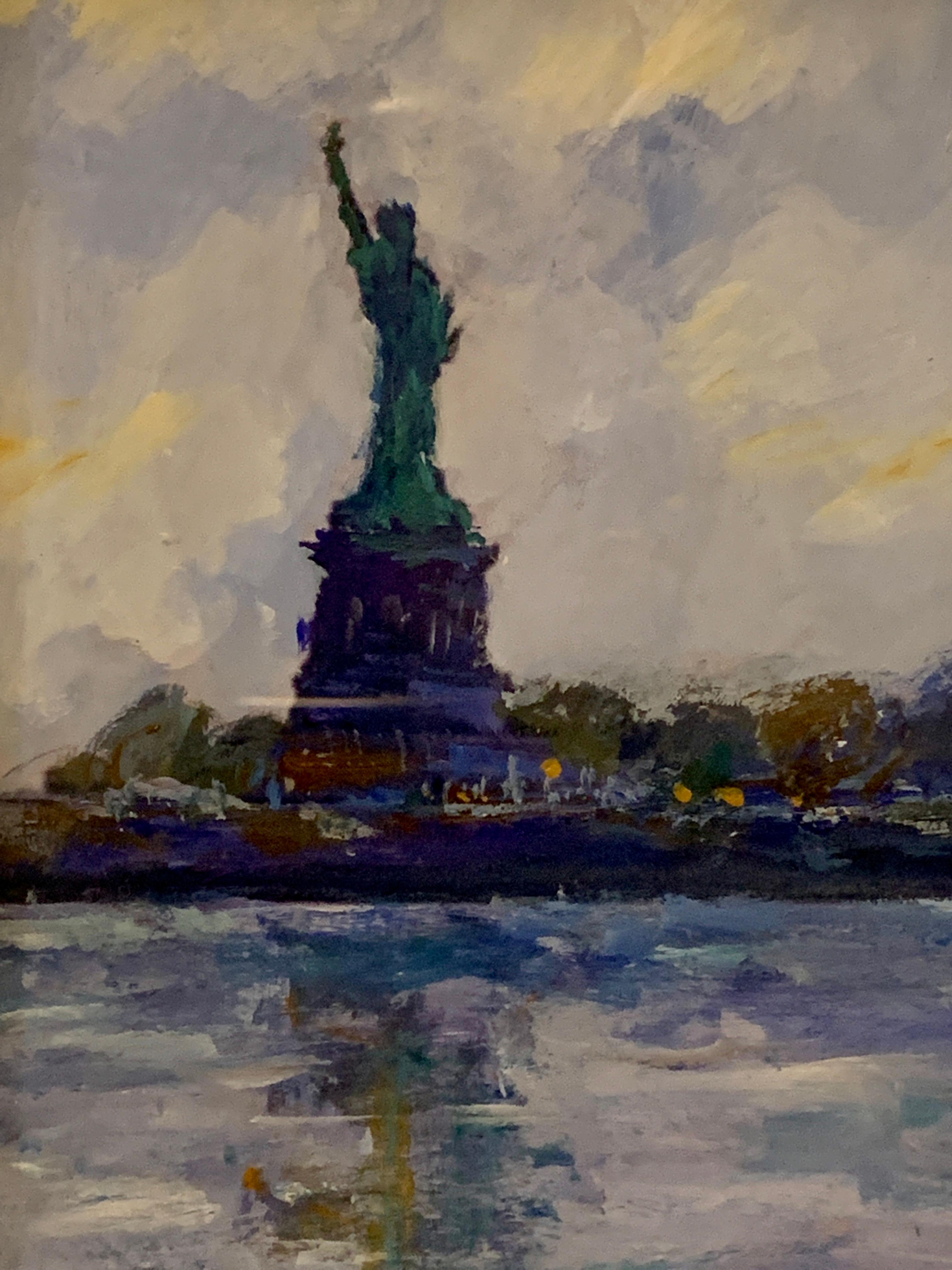 Charles Bertie Hall Landscape Painting - American Impressionist, sketch of The Statue of Liberty from the East River NYC