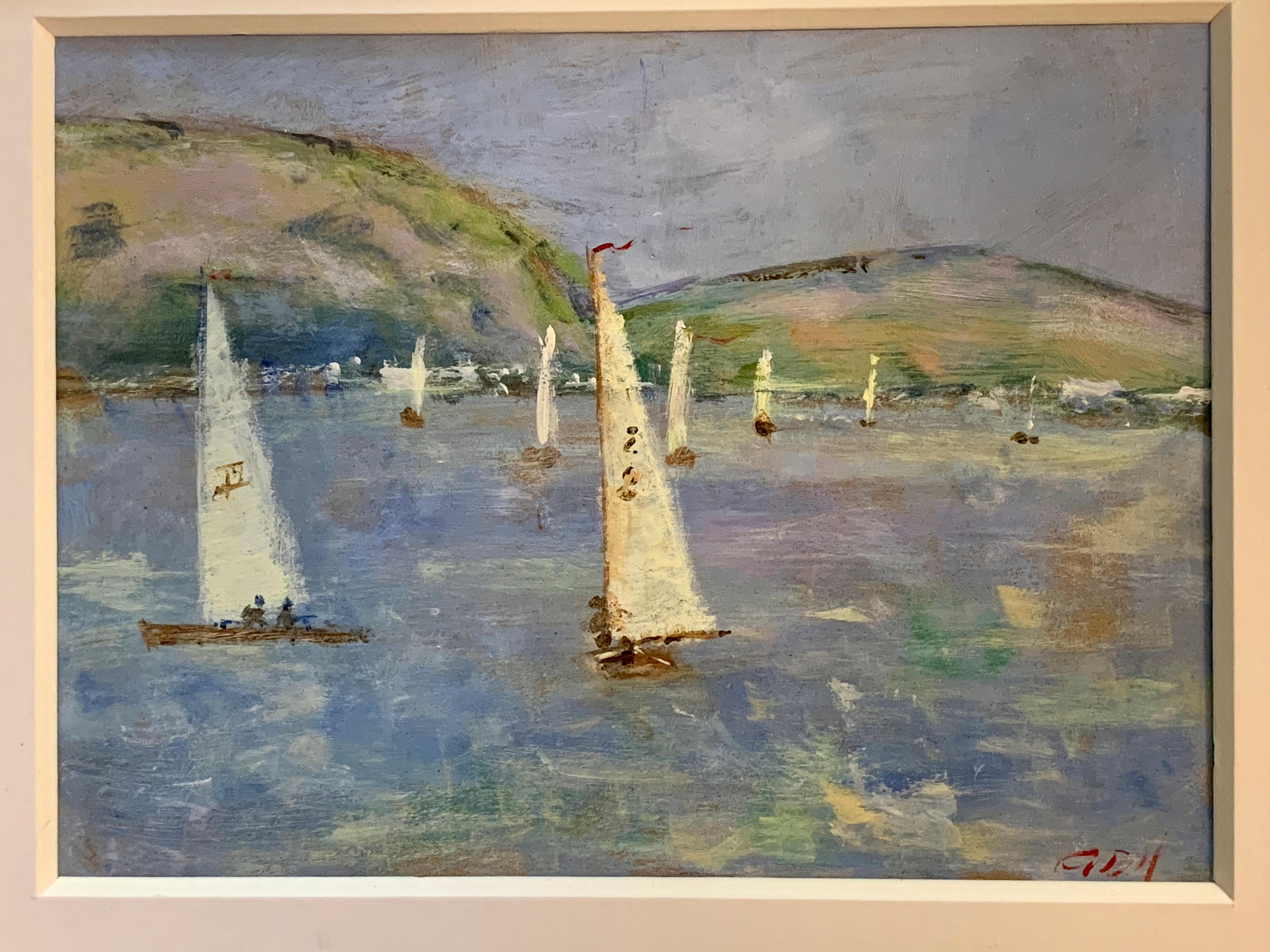 American Impressionist sketch of Yachts off of Fort Mason, San Francisco, CA - Painting by Charles Bertie Hall