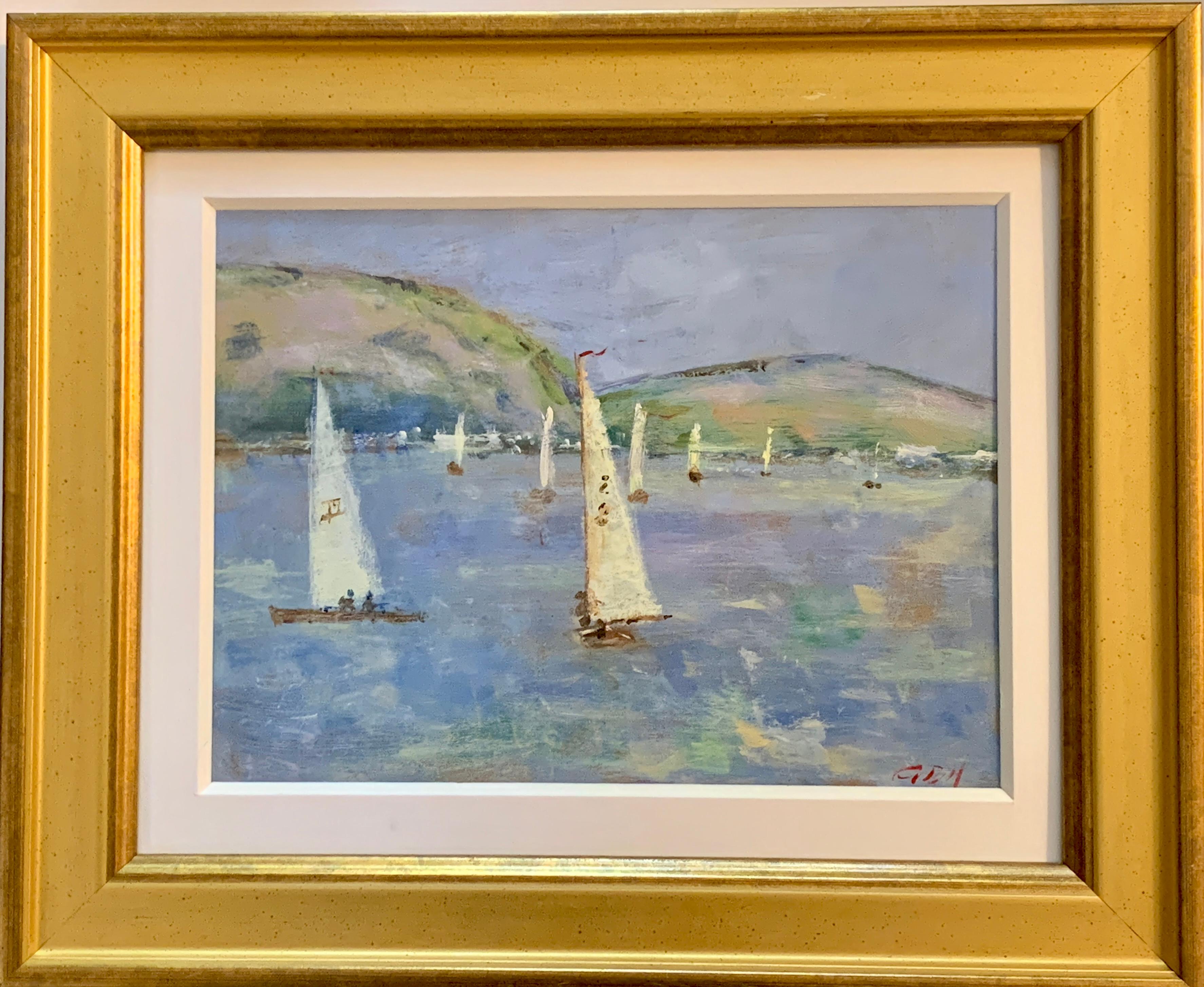 Charles Bertie Hall Figurative Painting - American Impressionist sketch of Yachts off of Fort Mason, San Francisco, CA