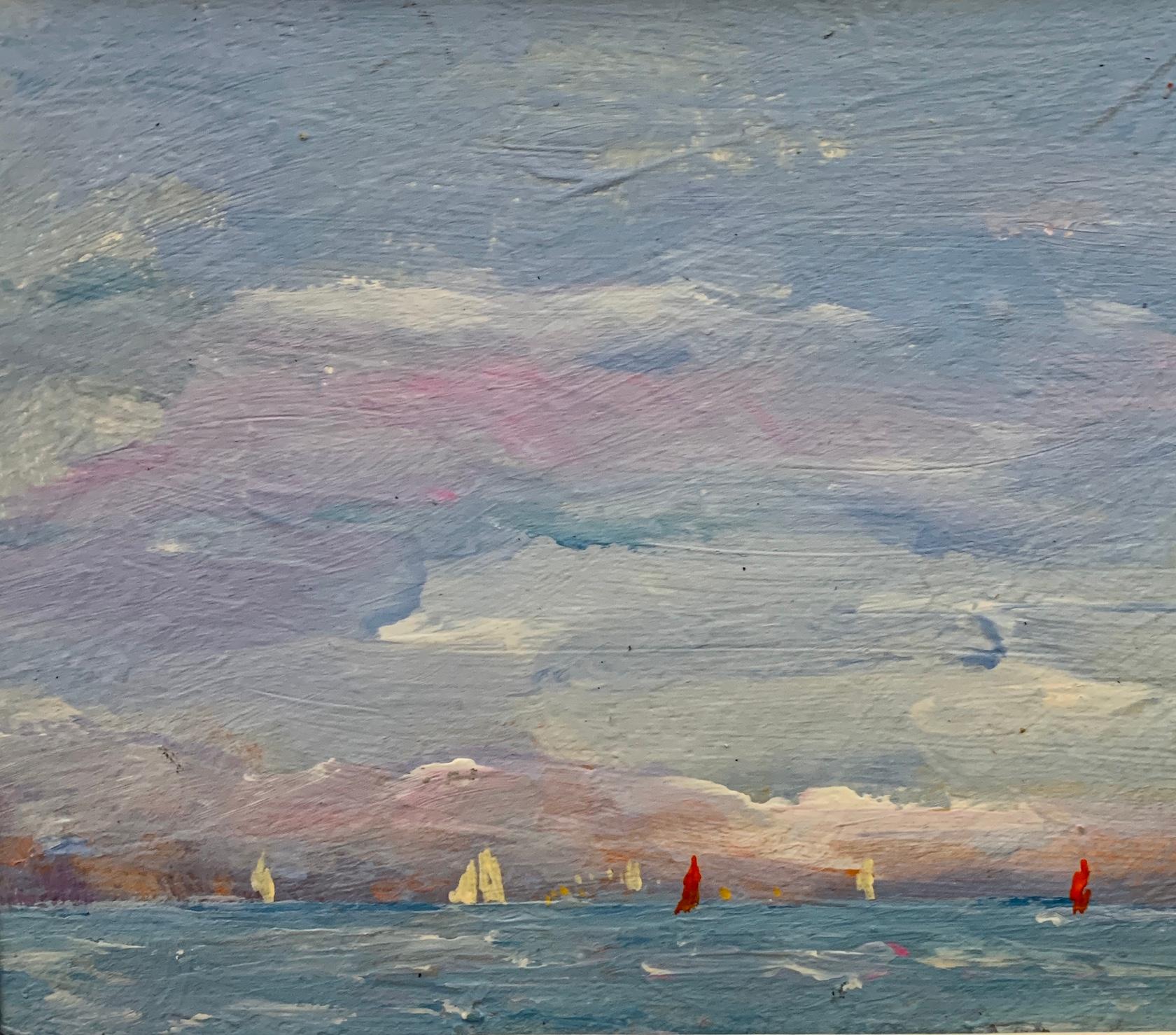 Schizzo impressionista americano di yacht al largo della costa di New York City - Painting di Charles Bertie Hall
