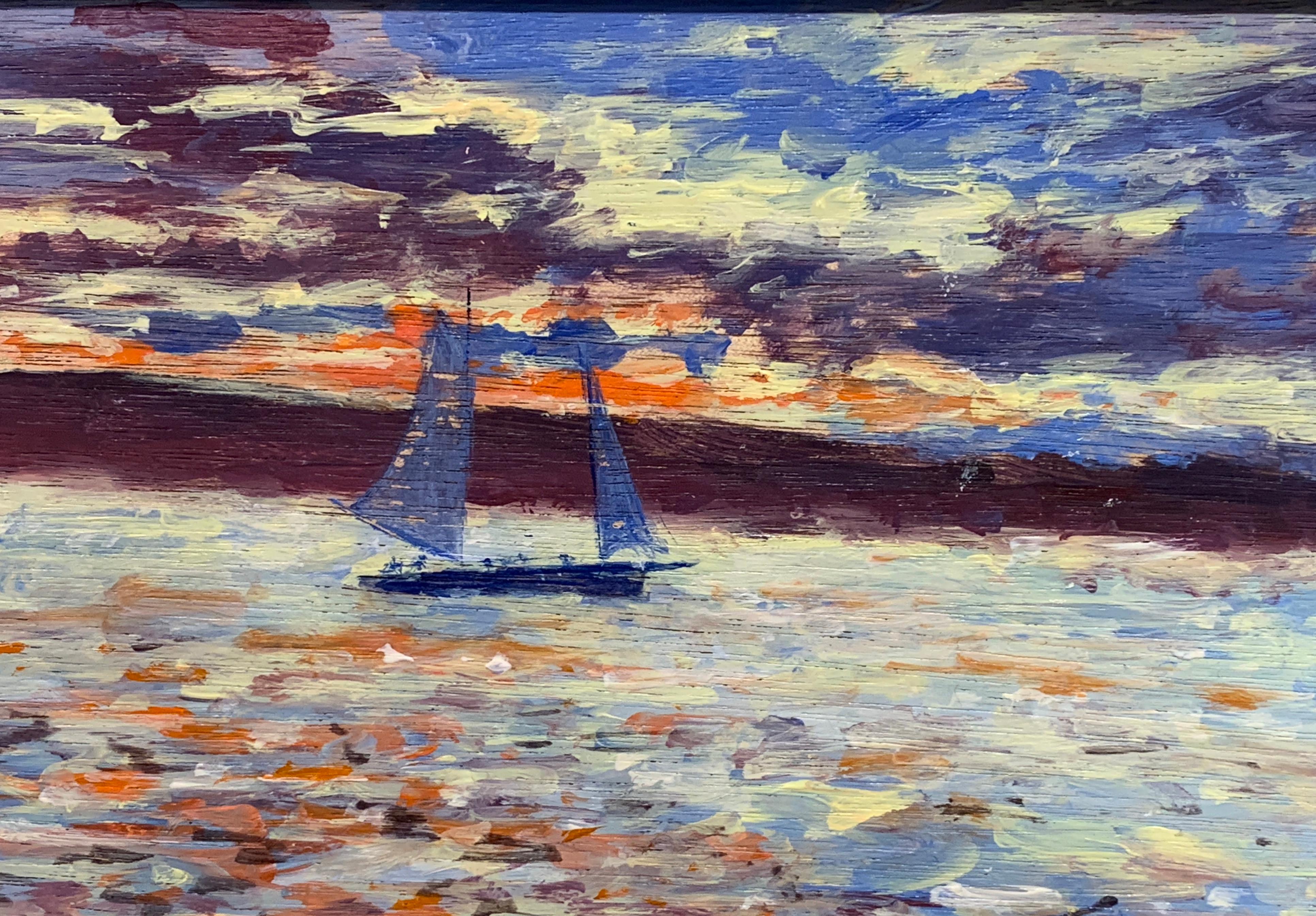 American Impressionist Yacht sailing off the coast of Nantucket with landscape - Painting by Charles Bertie Hall