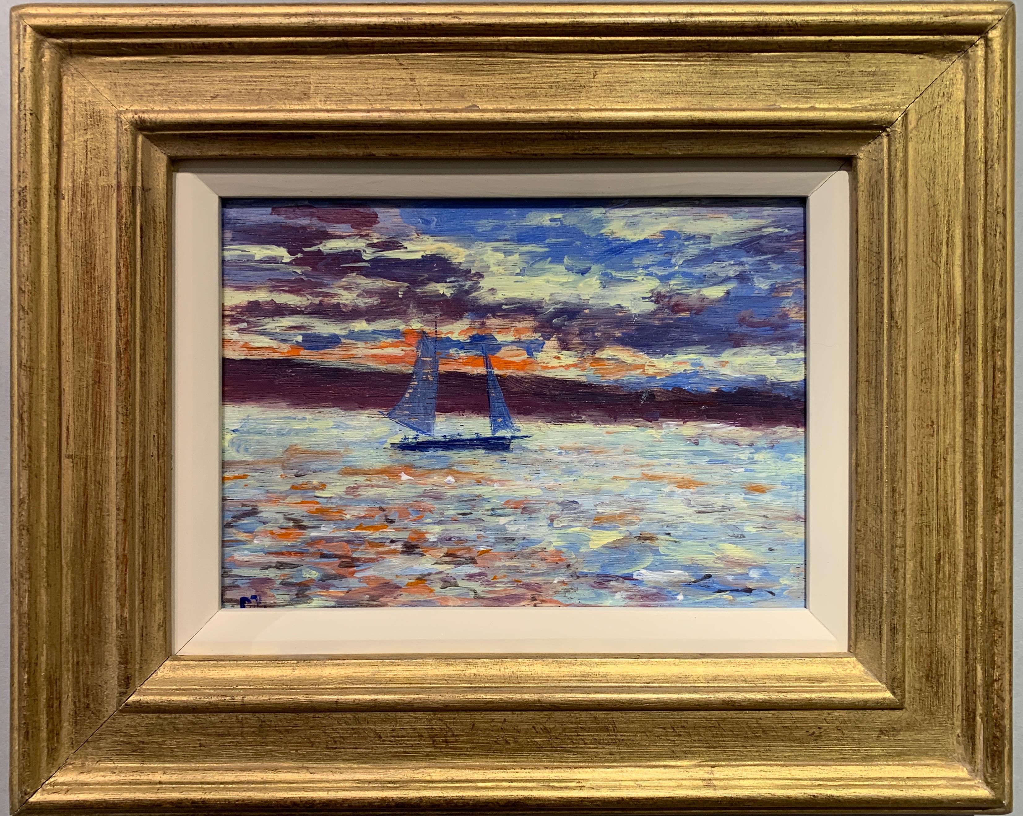Charles Bertie Hall Landscape Painting - American Impressionist Yacht sailing off the coast of Nantucket with landscape