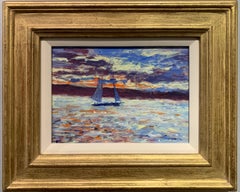 American Impressionist Yacht sailing off the coast of Nantucket with landscape