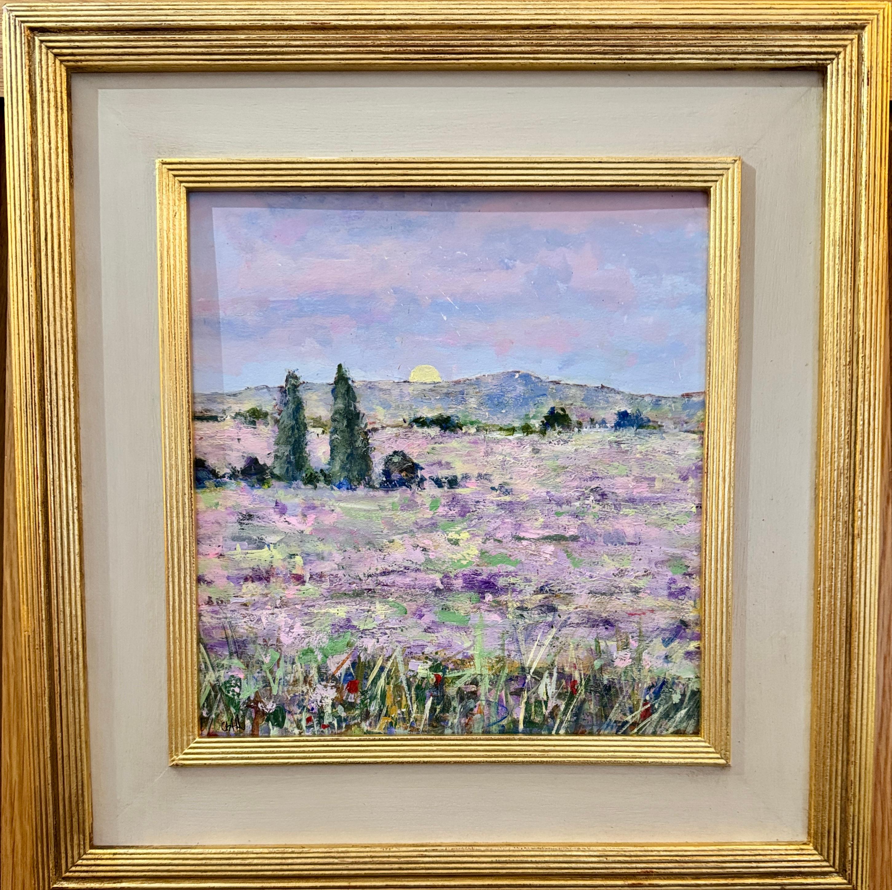 Charles Bertie Hall Figurative Painting - English Impressionist, Landscape French Lavender Field with a setting Sun Summer