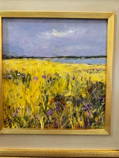 English Impressionist landscape that depicts the harvest period, French wildflowers, grain field