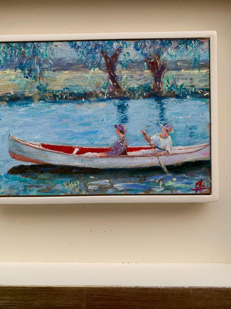 English Impressionist scene of two women in a canoe, on a river landscape  - Painting by Charles Bertie Hall