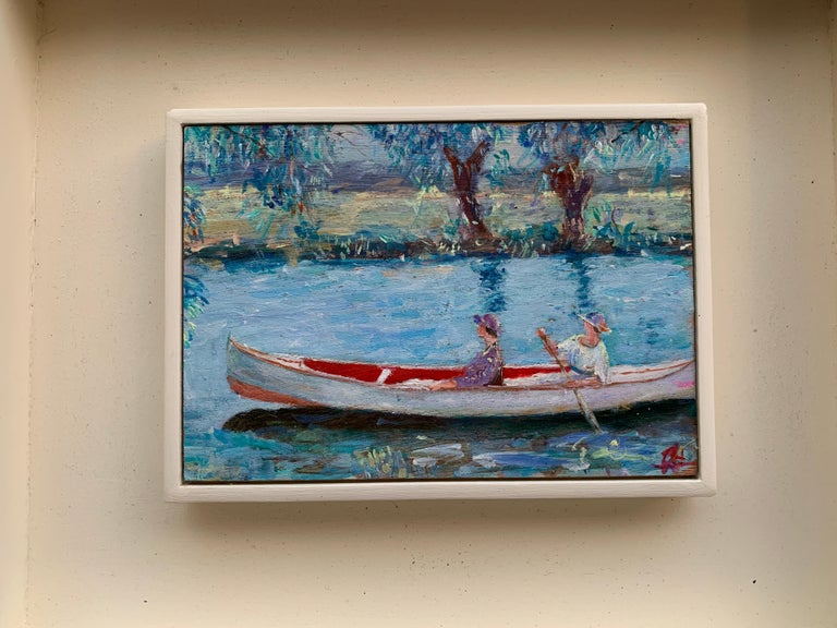 English Impressionist scene of two women in a canoe, on a river landscape  For Sale 1