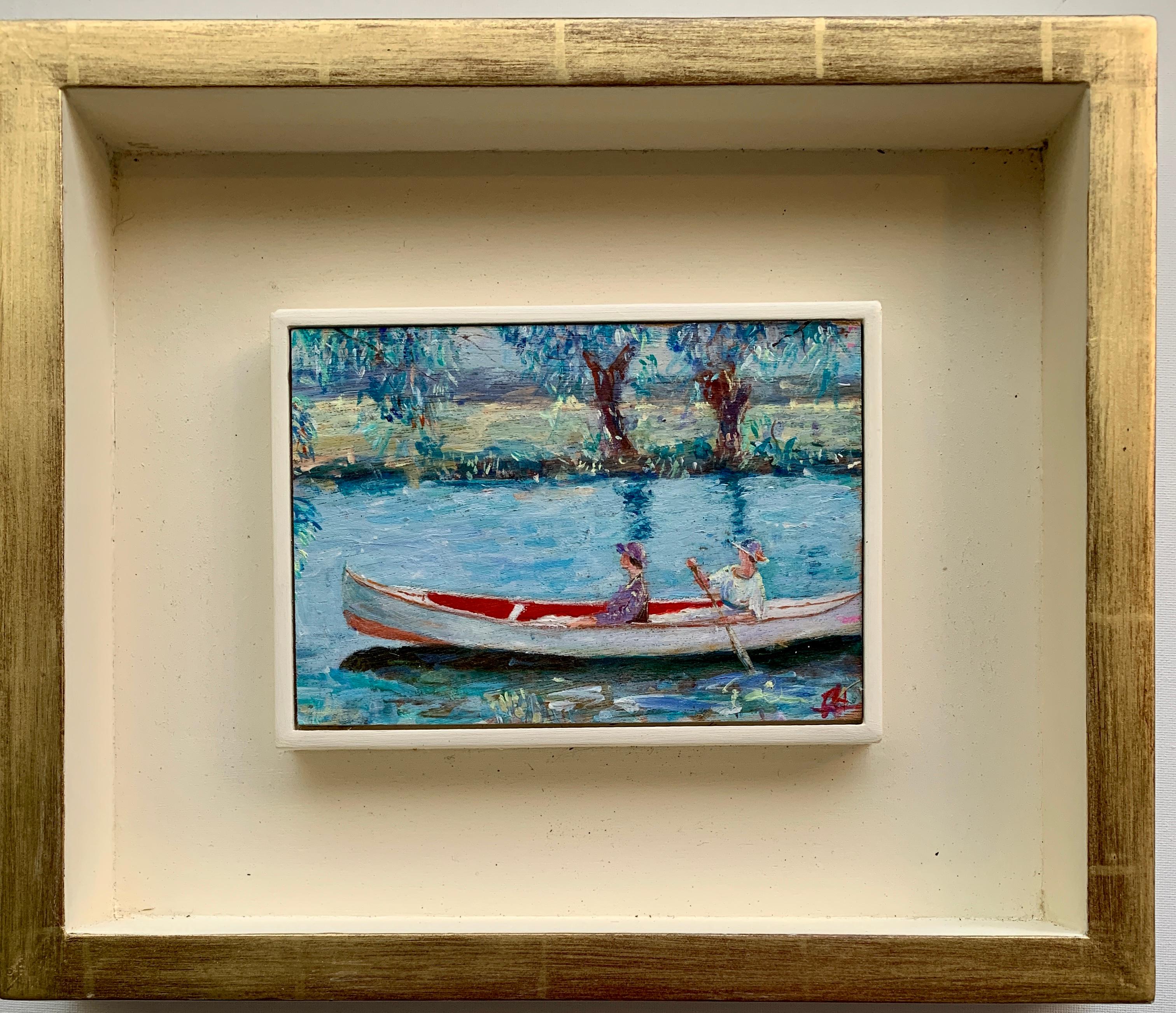 English Impressionist scene of two women in a canoe, on a river landscape 