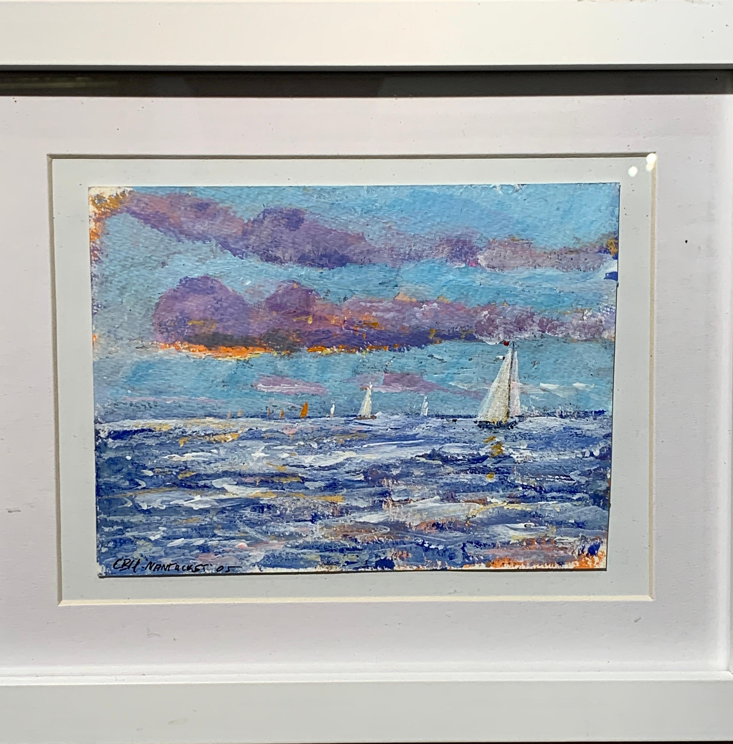 English Impressionist scene, Yacht sailing off the Nantucket coast. - Painting by Charles Bertie Hall