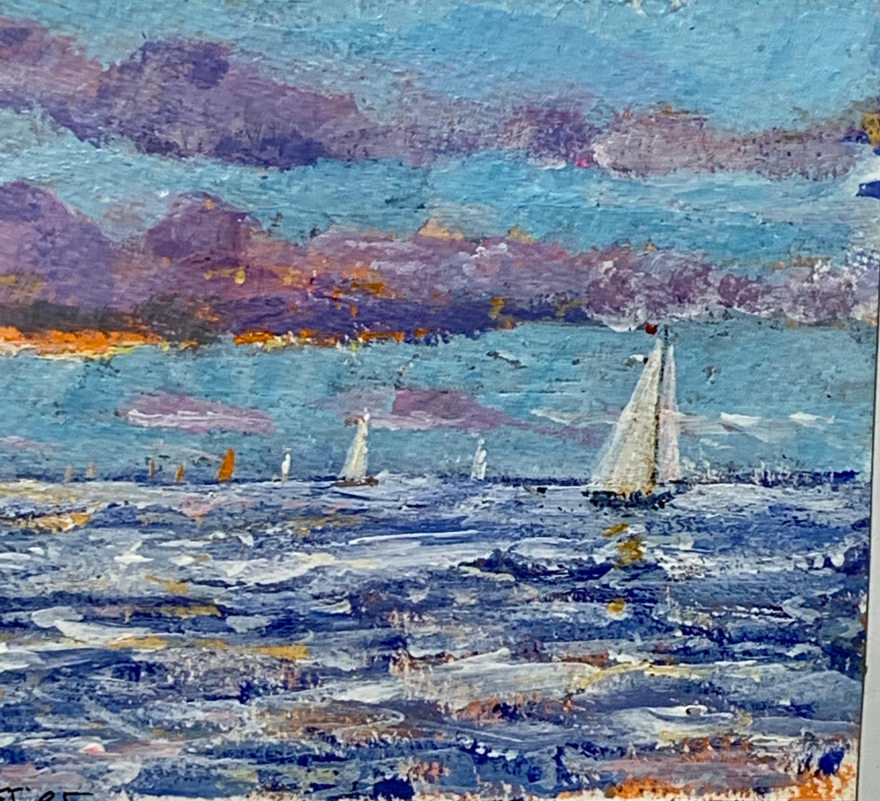 Scène English Impressionist, Yacht naviguant au large de la côte de Nantucket. - Impressionnisme Painting par Charles Bertie Hall