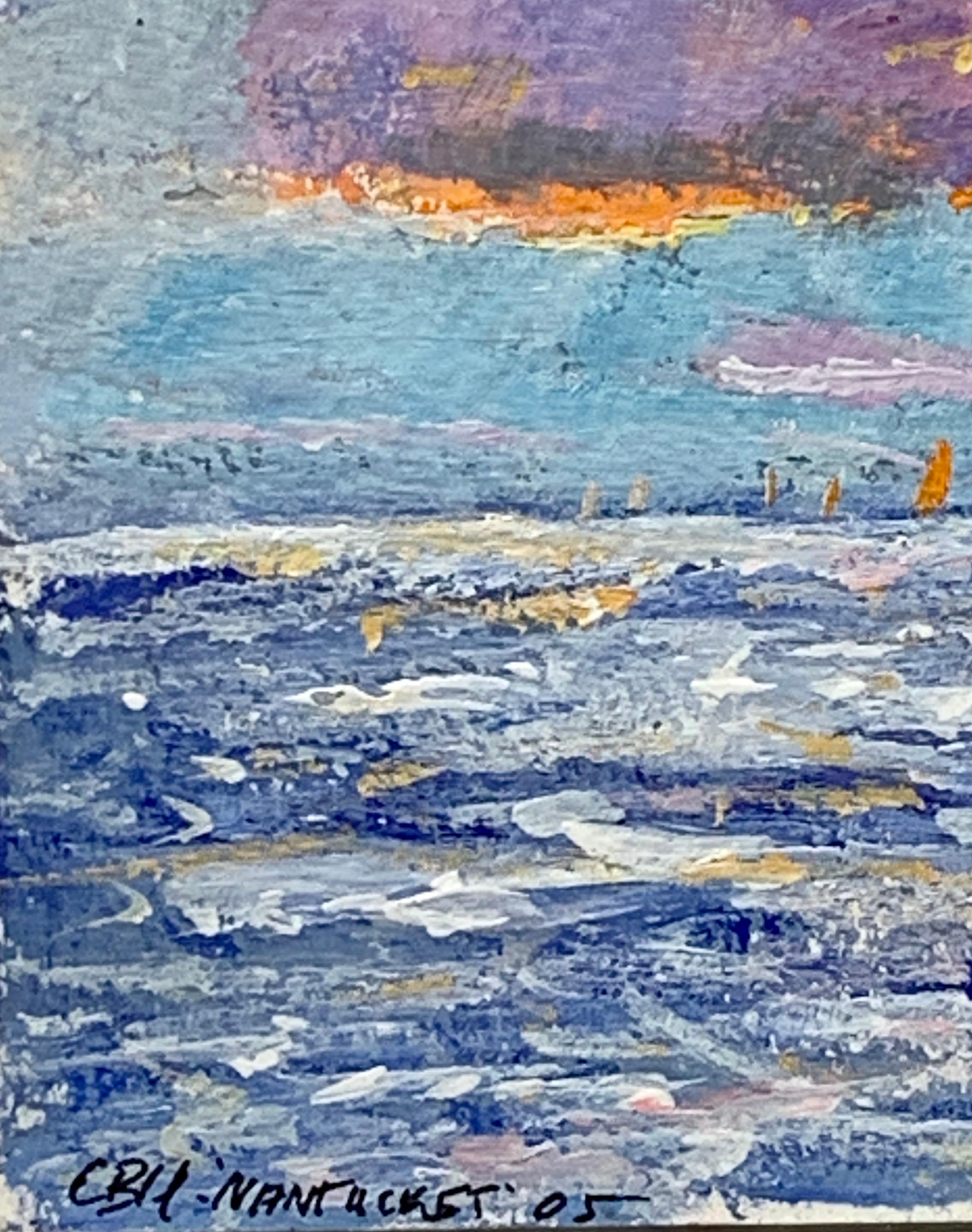 Scène English Impressionist, Yacht naviguant au large de la côte de Nantucket. - Gris Landscape Painting par Charles Bertie Hall