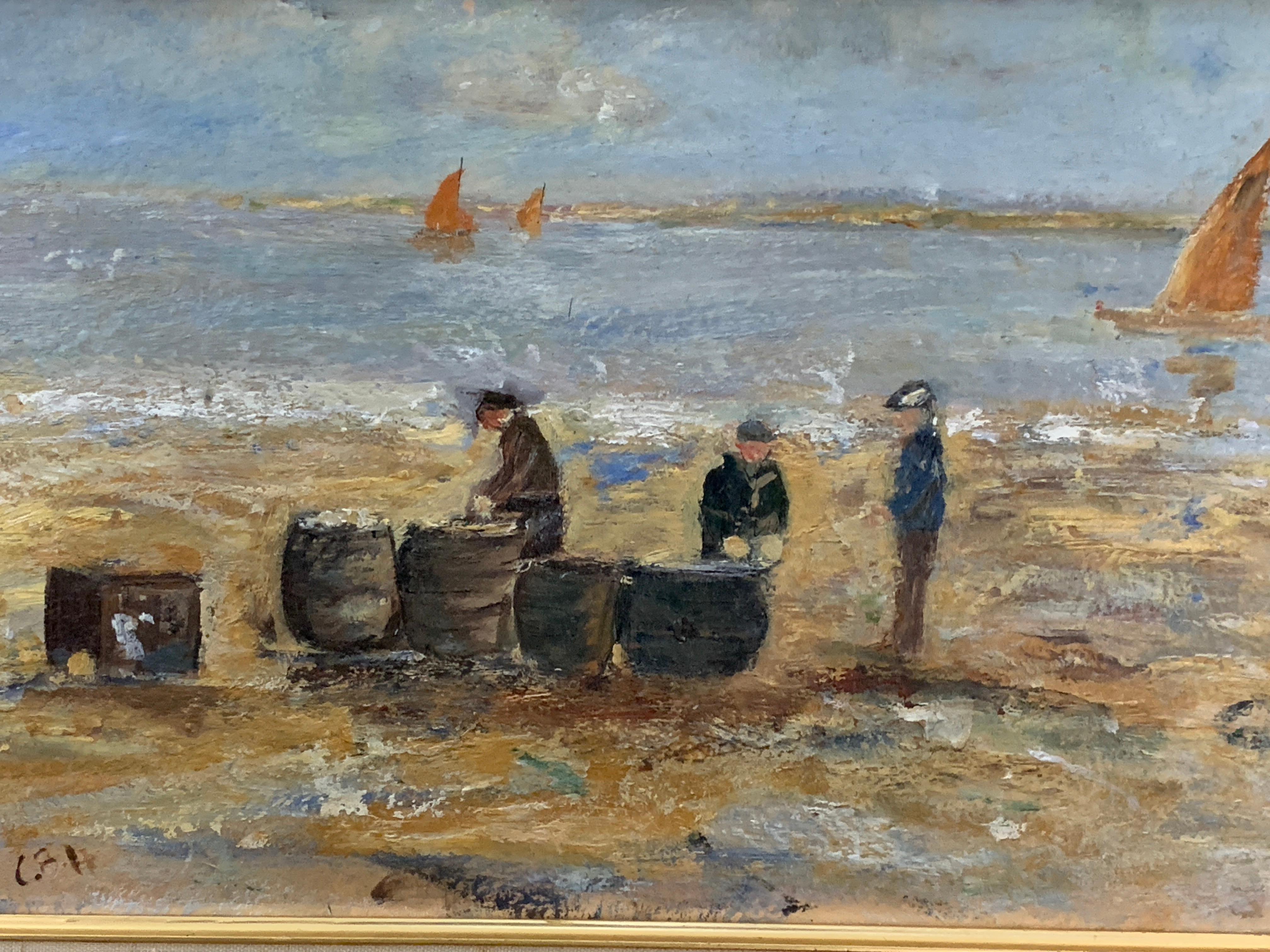 English Impressionist view of Men salting fish in Normandy France - Painting by Charles Bertie Hall