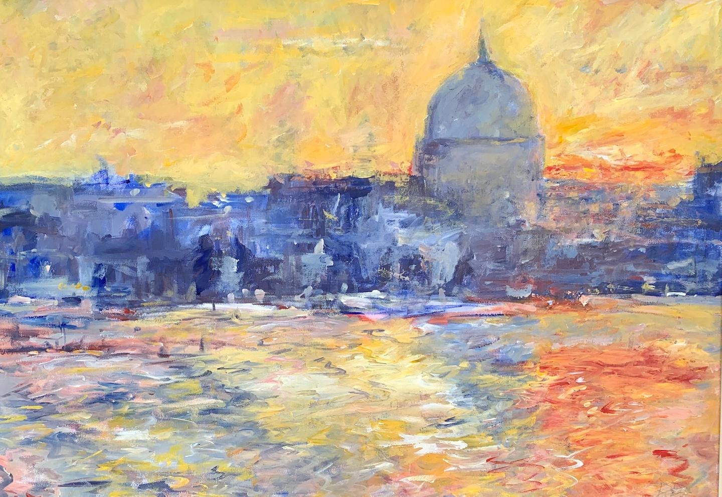 English Impressionist view of St.Pauls from the River Thames, at sunset , London (en anglais seulement) - Painting de Charles Bertie Hall