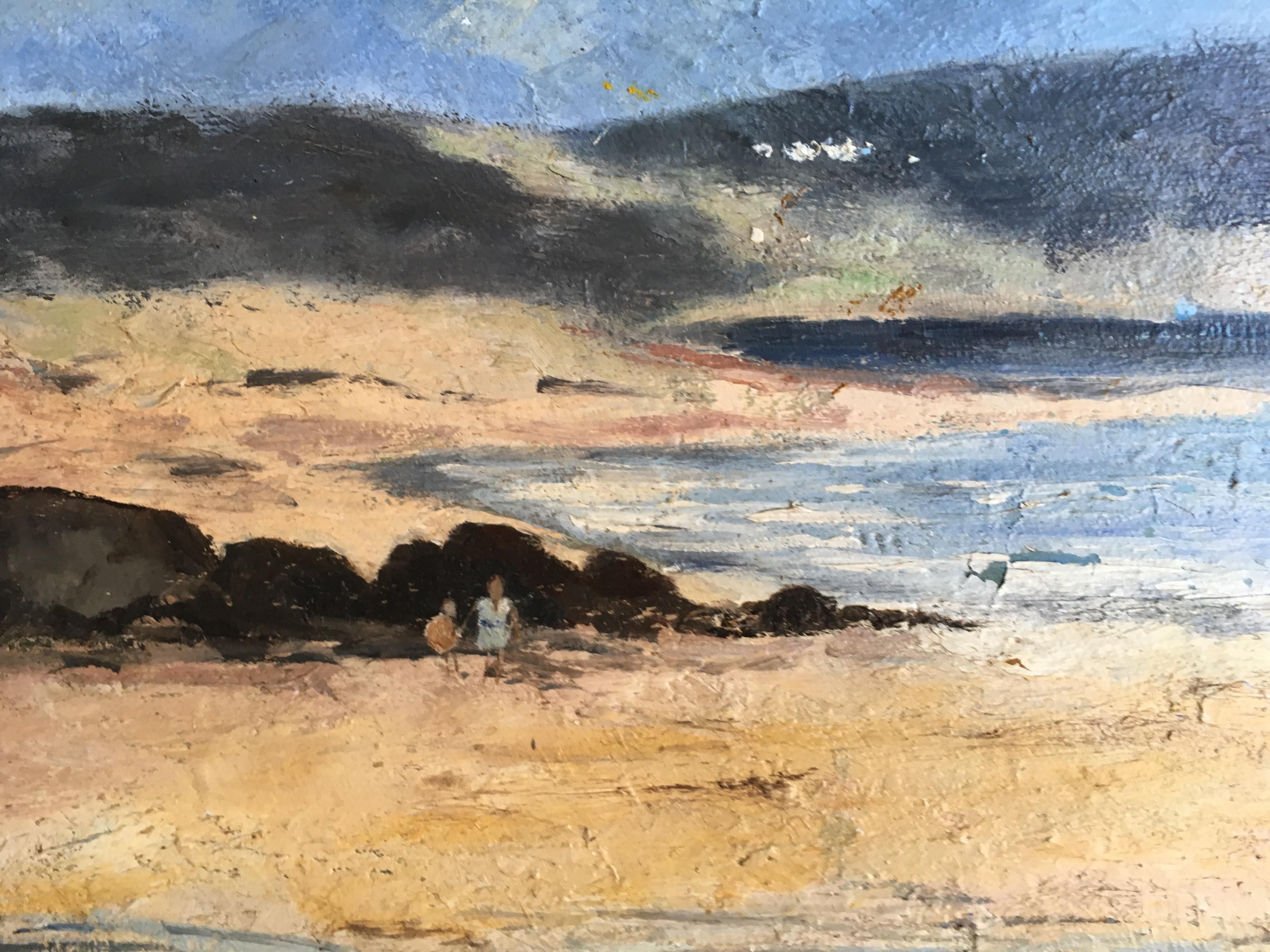 Impressionist Beach scene with Children playing by rocks, Ireland - Painting by Charles Bertie Hall